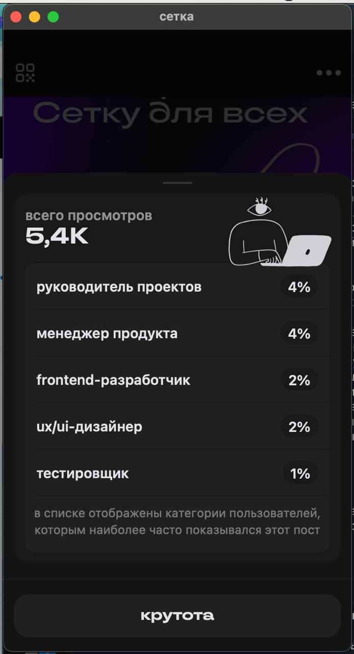 В Телеграме одни боты и сантехники  
Это факт крайне сложно опровергнуть. Вот есть у вас в ТГ-канале 3к аудитории. Или 30к аудитории. Или 300к аудтории. И это, в общем-то, всё что вы о ней знаете | Сетка — социальная сеть от hh.ru