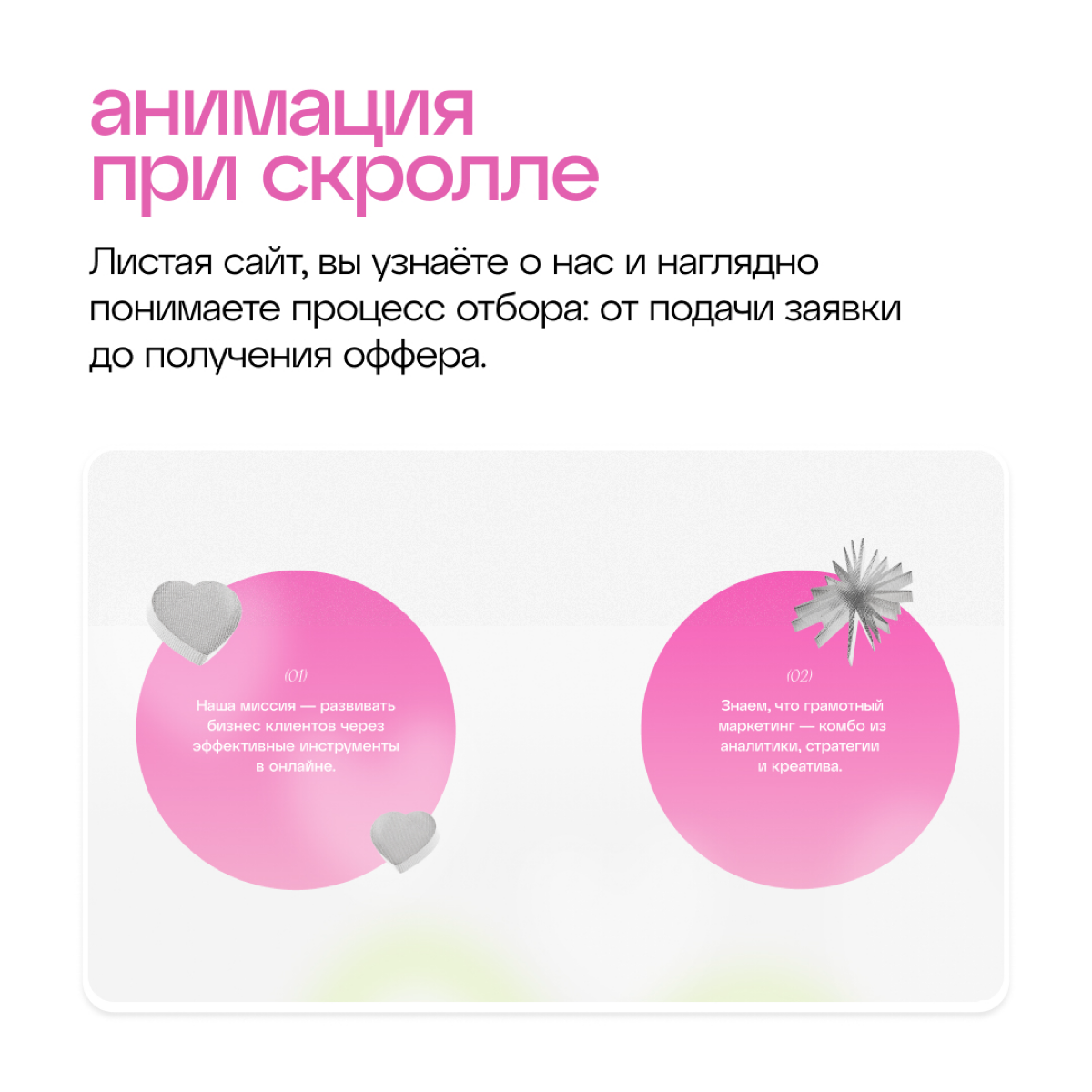Запоминающая анимация на сайте
Фишки сайта стажировок Метрики — в карточках. А если вы дизайнер и хотите делать такую же анимацию просто и быстро, подписывайтесь на нас | Сетка — социальная сеть от hh.ru