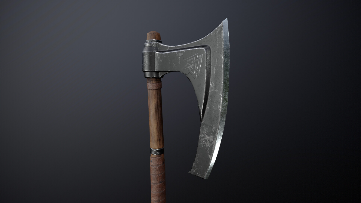 Сделал такой вот топорик.
Софт: Blender. Marmoset.Substance Painter.2600 Triangle.  
Покрутить можно тут: https://sketchfab.com/3d-models/viking-axe-3d-d3aca6a79e504e898535fdc3cd8d3112 | Сетка — социальная сеть от hh.ru