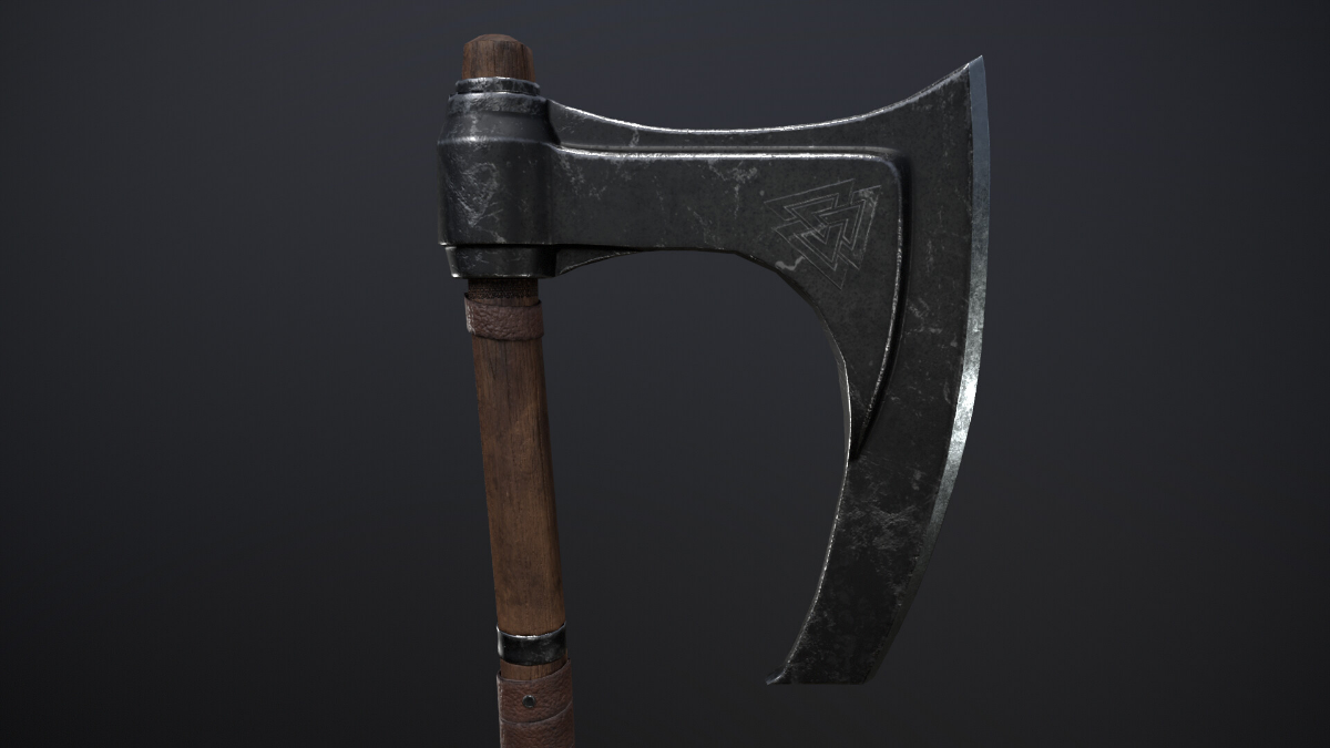 Сделал такой вот топорик.
Софт: Blender. Marmoset.Substance Painter.2600 Triangle.  
Покрутить можно тут: https://sketchfab.com/3d-models/viking-axe-3d-d3aca6a79e504e898535fdc3cd8d3112 | Сетка — социальная сеть от hh.ru