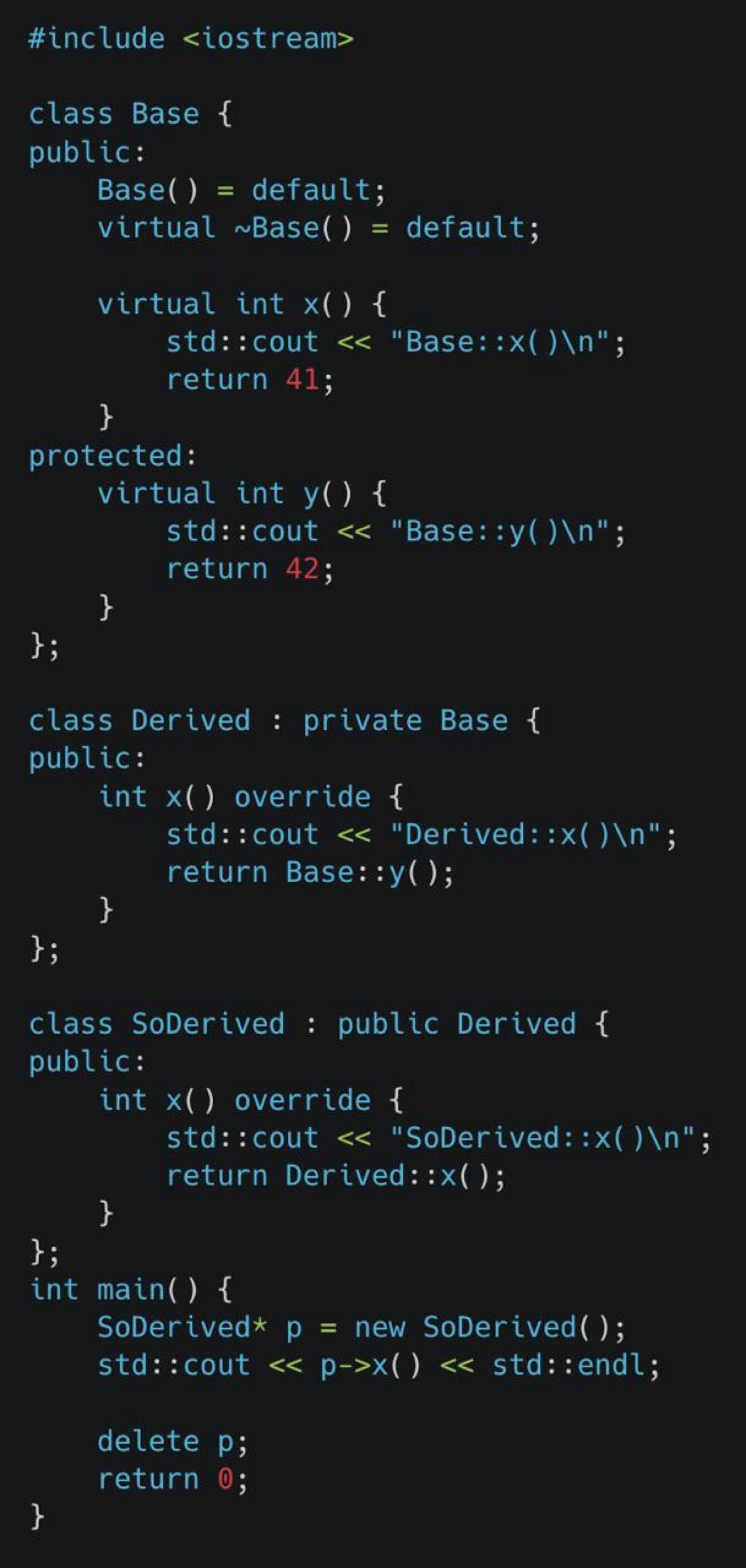 Доступ к public and protected членам и функциям базового класса, при использовании private inheritance.
Спецификатор доступа наследования не влияет на реализацию наследования | Сетка — социальная сеть от hh.ru