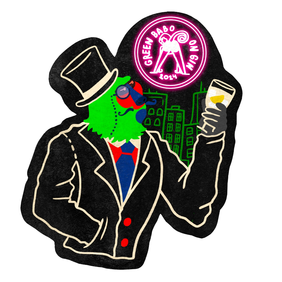 Нарисовала стильные, яркие стикеры для Gin Green baboon 💚 

Данные стикеры были выполнены в качестве тестового задания для компании, работающей с крепкими напитками Brown Spirits & Gin | Сетка — социальная сеть от hh.ru