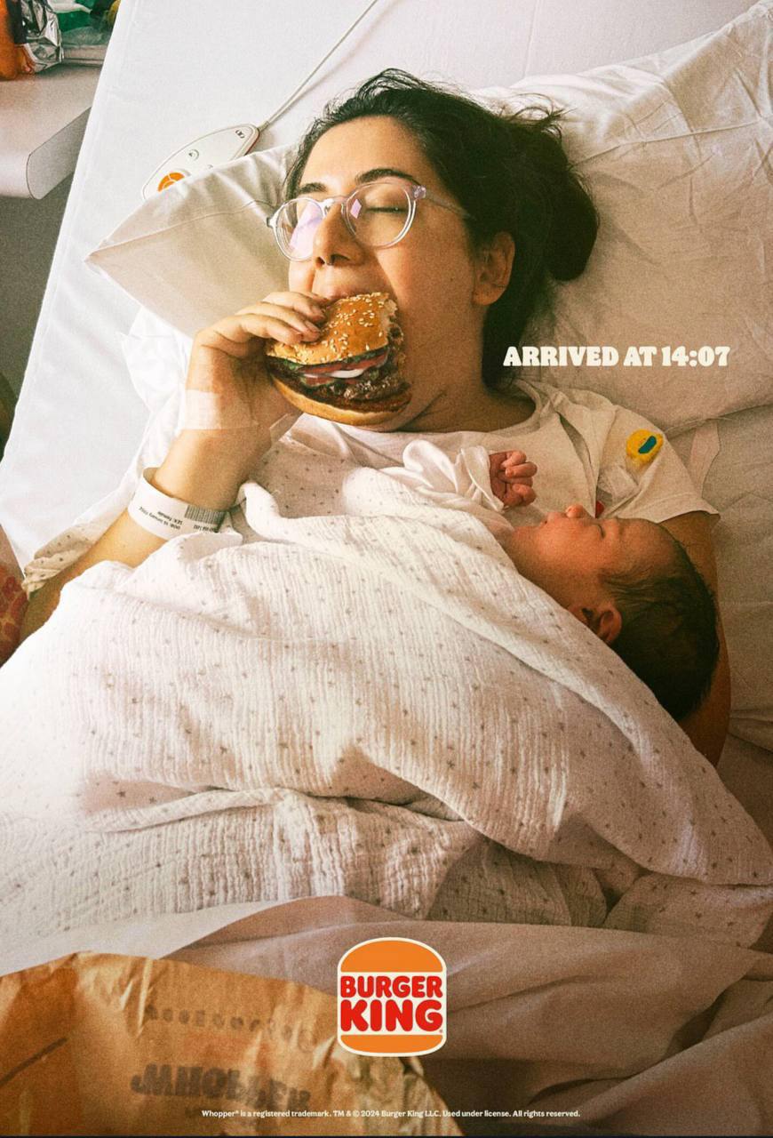 Burger King и BBH London запустили наружную рекламную кампанию, посвященную первому приему пищи после родов | Сетка — социальная сеть от hh.ru