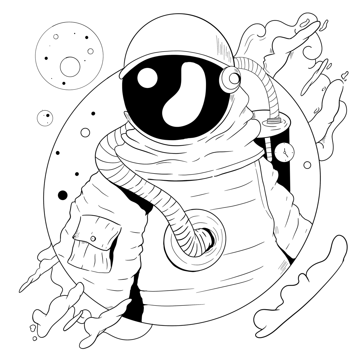 №2 Discover | Обнаружить
#inktober2024
#инктобер #инктобер2024 #иллюстрация #чернобелая #космос #планеты #облака | Сетка — социальная сеть от hh.ru