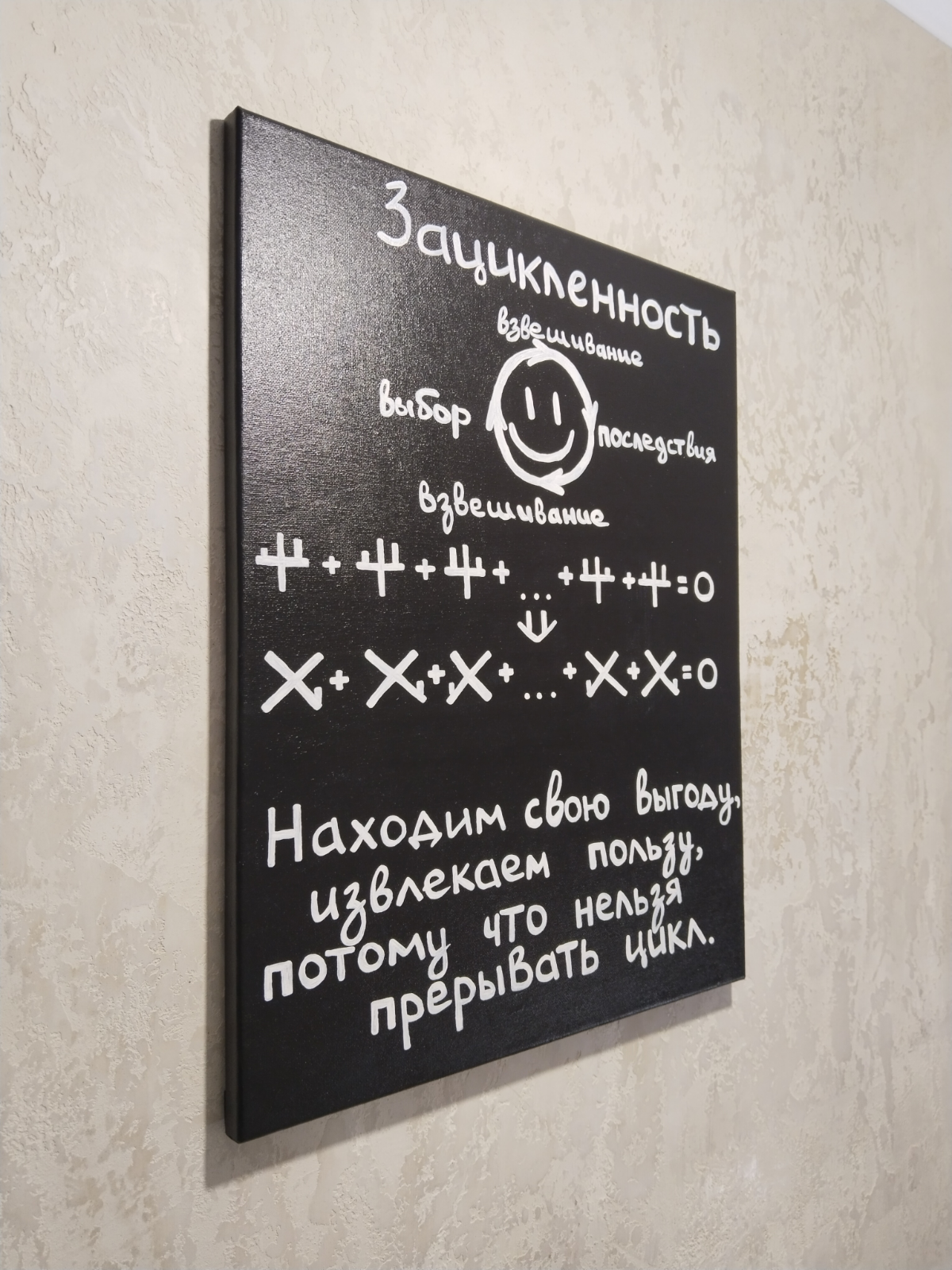 Картина Зацикленность, 40*50 см.
Словно белым мелком по чёрной доске.
Картина в единственном экземпляре.
© https://www.livemaster.ru/item/52643385-kartiny-i-panno-kartina-zatsiklennost | Сетка — социальная сеть от hh.ru