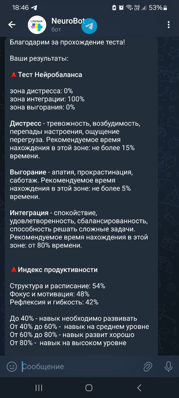 #остальное
Наткнулся на любопытный тест по определению уровня выгорания.
Он довольно простой, но ради интереса решил пройти сам и поделиться здесь: @NeuroLifeTestbot
Мои результаты также прилагаю😎 | Сетка — социальная сеть от hh.ru