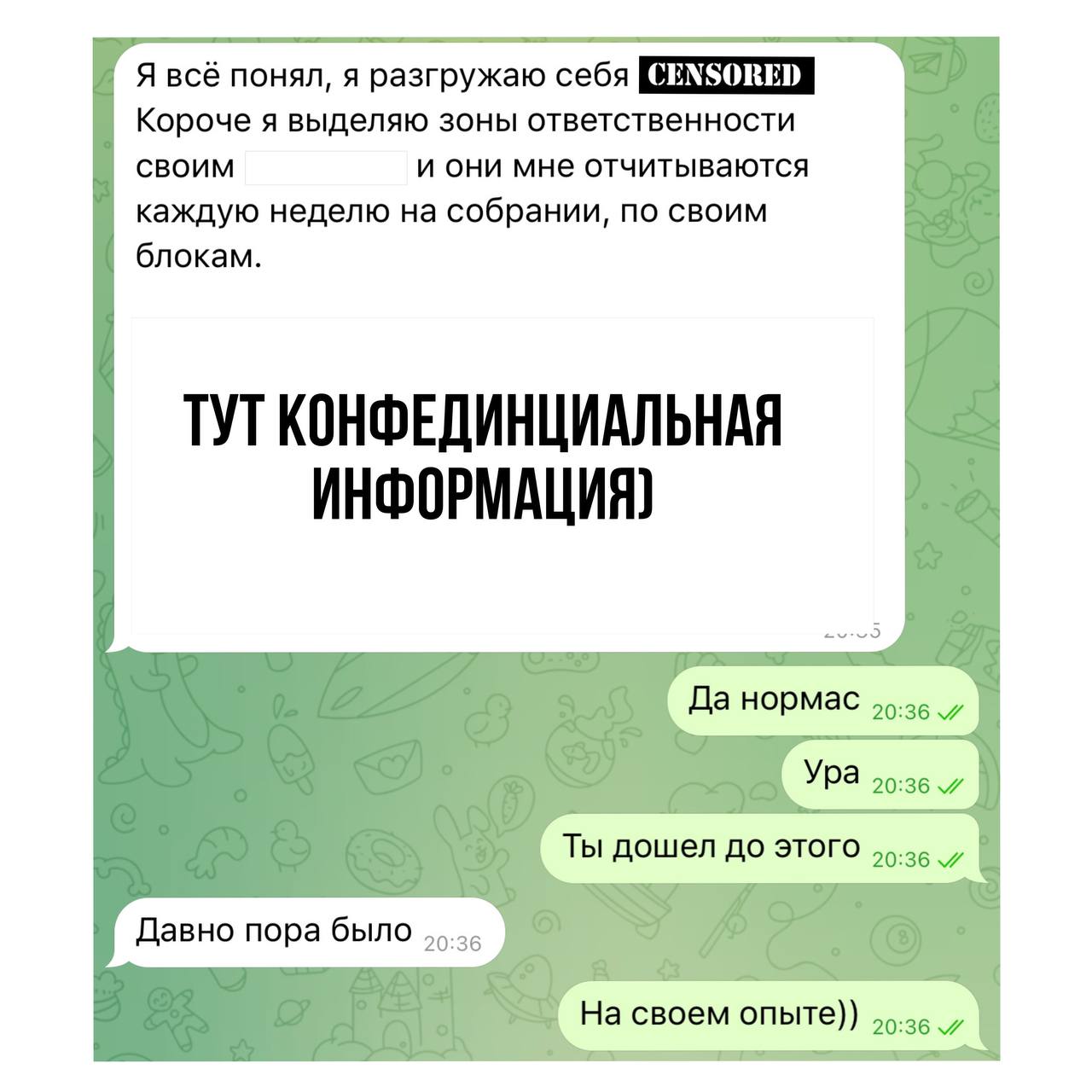 Сегодня я получил «письмо счастья» от одного из лидеров моего департамента
В 20:36 именно то время, когда нам приходит осознание того, что что-то идет нет так (особенно если рабочий день начался в 09:... | Сетка — социальная сеть от hh.ru