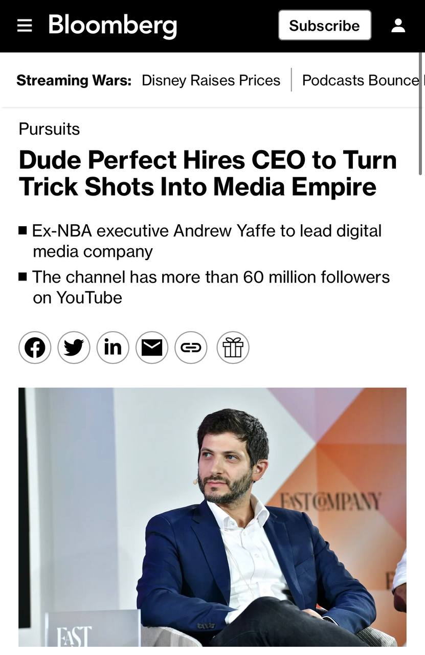 Ютуберы продолжают привлекать талантливых управленцев:
• Эндрю Яффе, бывший head of content в NBA, стал CEO в компании ютуберов Dude Perfect | Сетка — социальная сеть от hh.ru