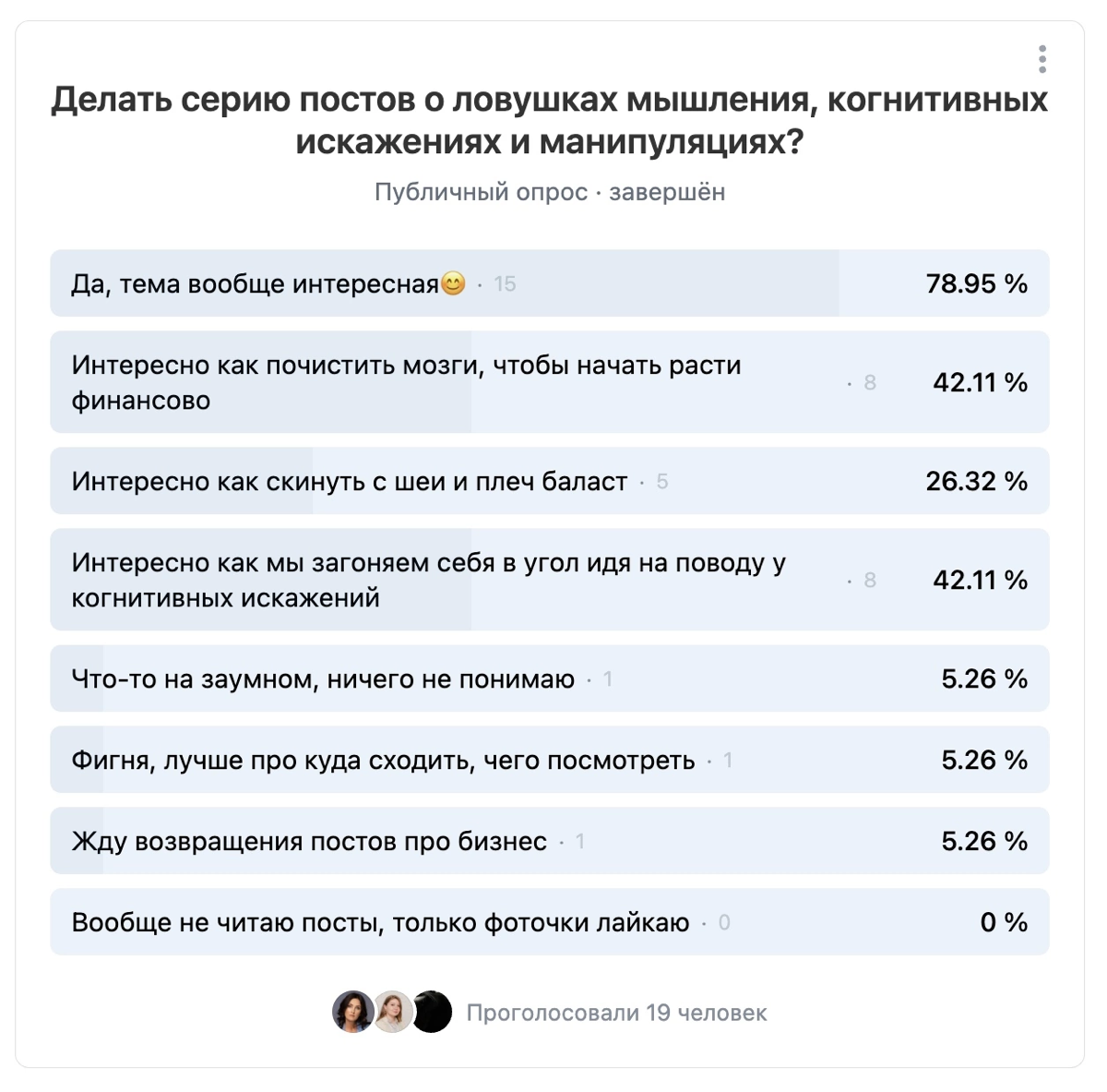 А у нас тут результаты опроса подъехали😁
Ну что, начнем разбираться?
Почему я считаю важным понимать как работает наш мозг и как на него влияют когнитивные искажения и различные установки?
Потому что ... | Сетка — социальная сеть от hh.ru