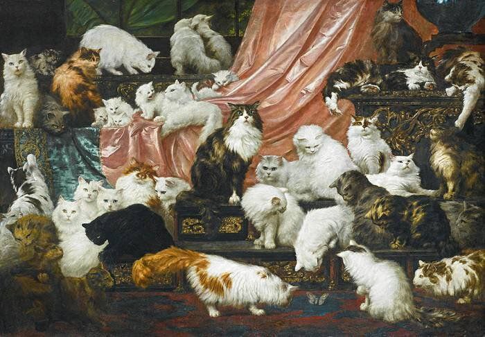 Карл Кахлер.
«Любовники моей жены».
260х180 см. Холст, масло. 1890-е.
В 1891 году состоятельная дама и большая любительница кошек Кейт Бердсолл Джонсон решила заказать портрет своих питомцев | Сетка — социальная сеть от hh.ru