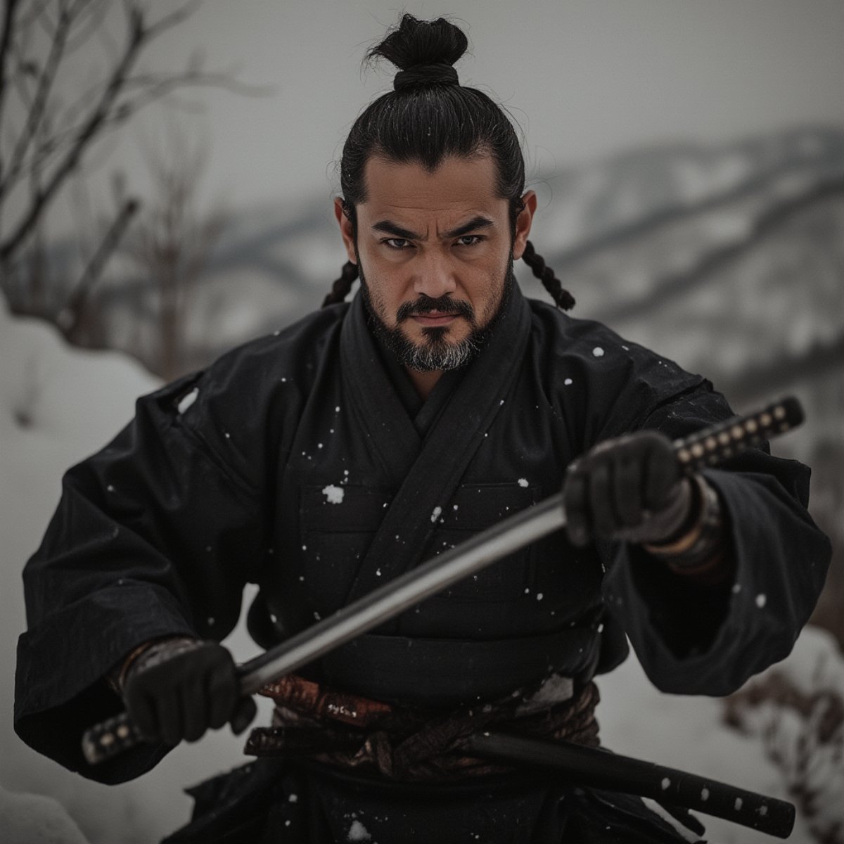 Промт:
50-year-old wise japanese samurai, face with age-appropriate wrinkles, confident and victorious look, wearing his signature costumes, full body, wide angle, photorealistic, ultra detailed, high... | Сетка — социальная сеть от hh.ru