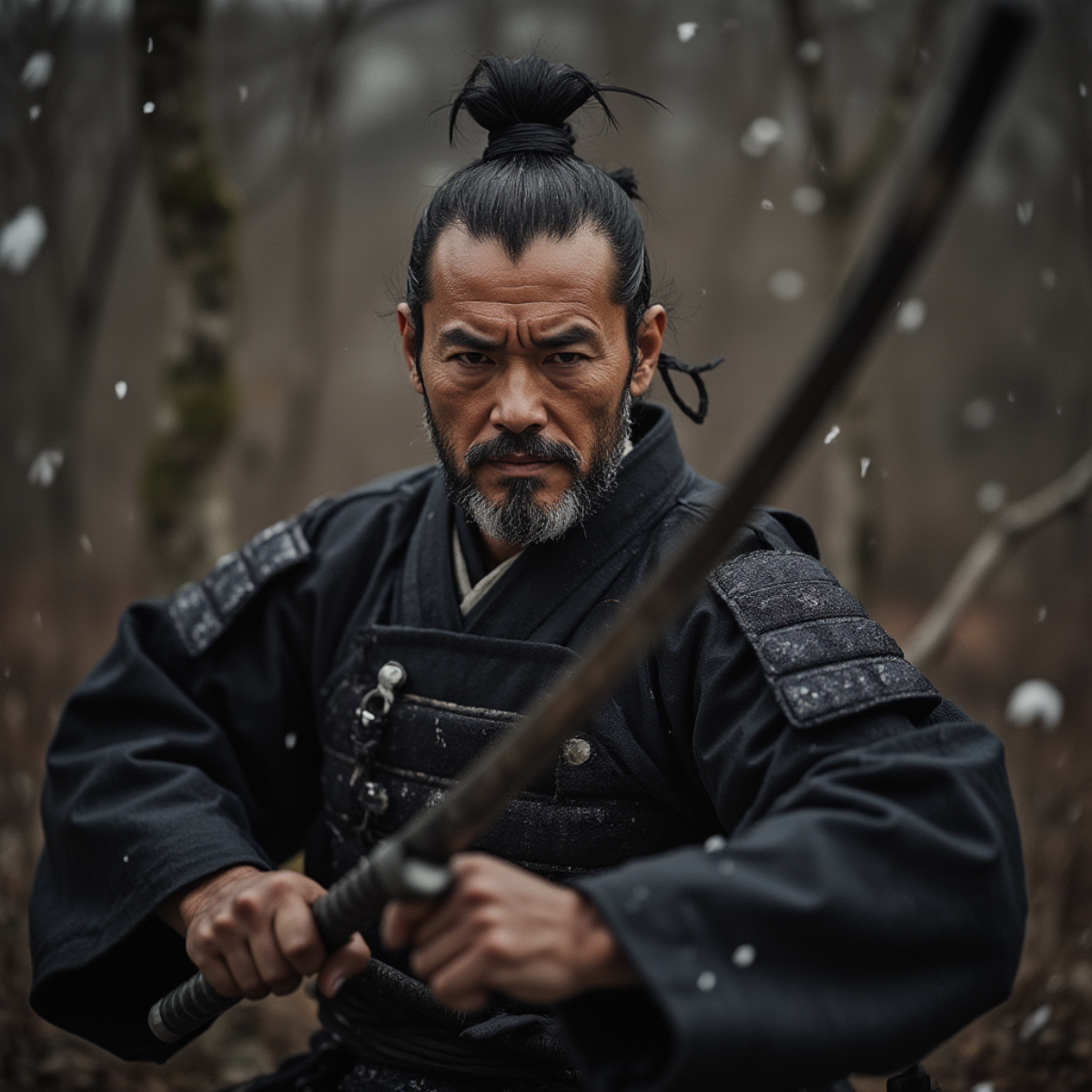 Промт:
50-year-old wise japanese samurai, face with age-appropriate wrinkles, confident and victorious look, wearing his signature costumes, full body, wide angle, photorealistic, ultra detailed, high... | Сетка — социальная сеть от hh.ru