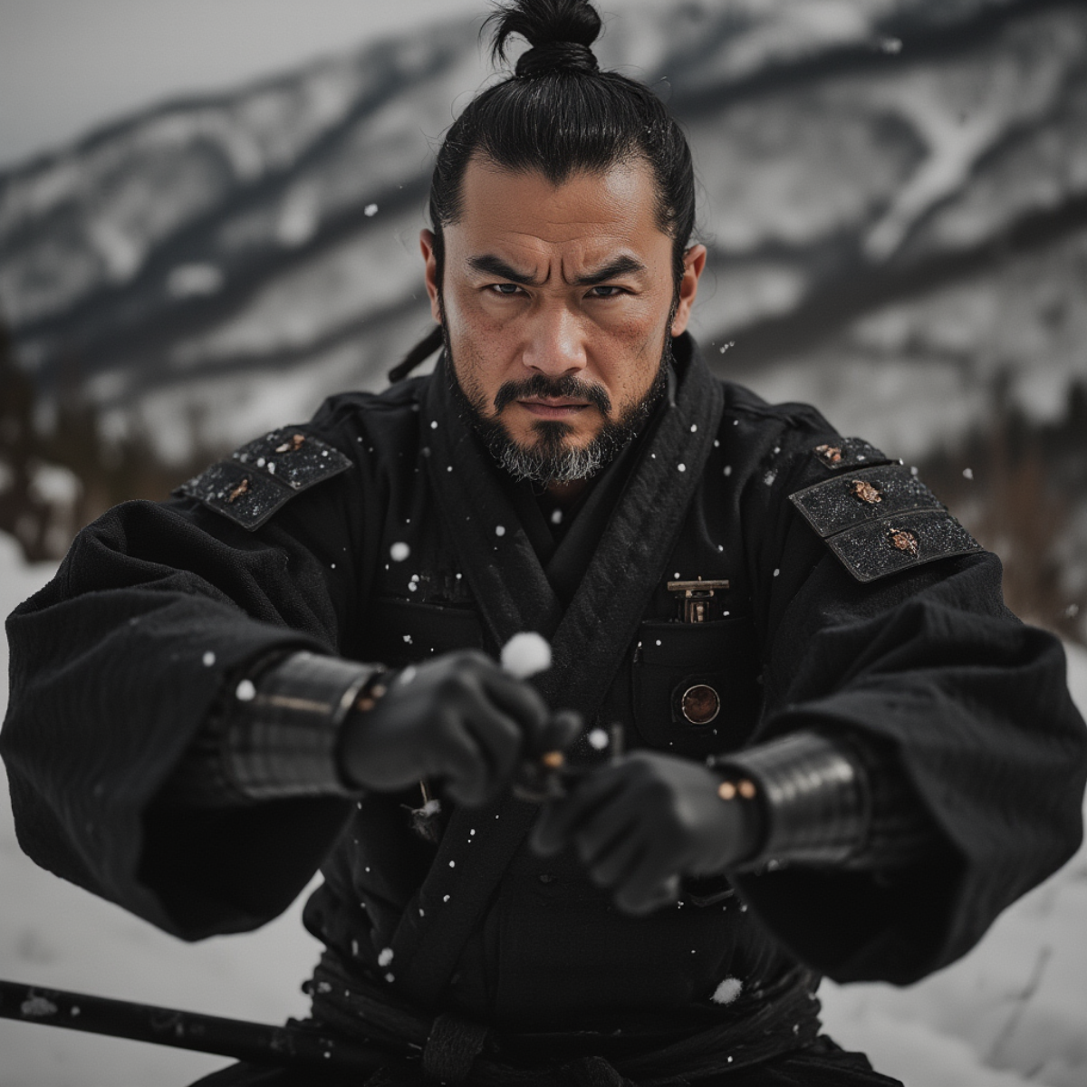 Промт:
50-year-old wise japanese samurai, face with age-appropriate wrinkles, confident and victorious look, wearing his signature costumes, full body, wide angle, photorealistic, ultra detailed, high... | Сетка — социальная сеть от hh.ru