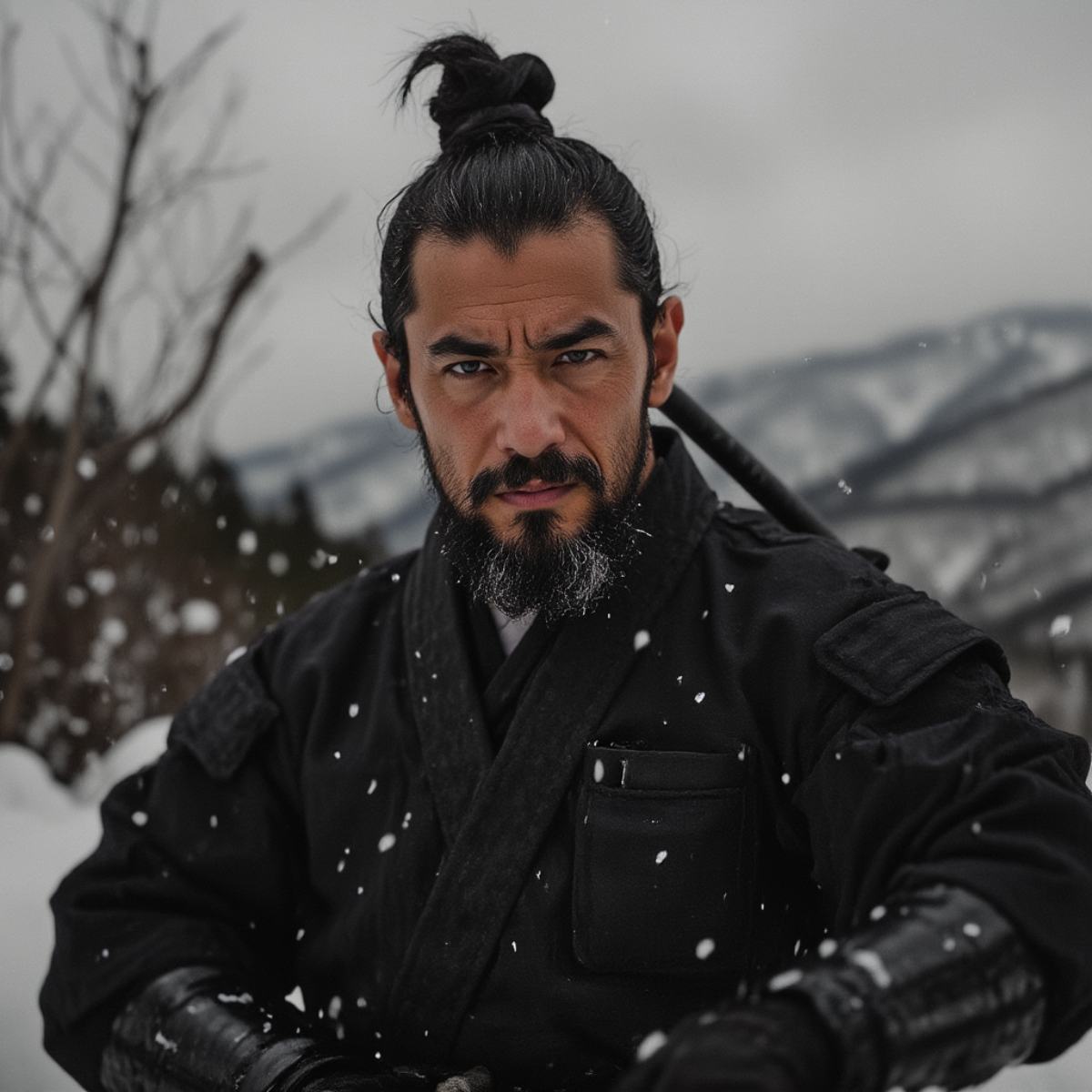 Промт:
50-year-old wise japanese samurai, face with age-appropriate wrinkles, confident and victorious look, wearing his signature costumes, full body, wide angle, photorealistic, ultra detailed, high... | Сетка — социальная сеть от hh.ru