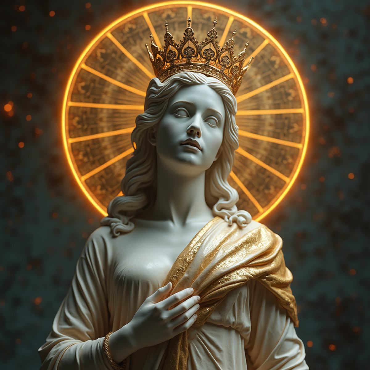 Промт:
a statue of a woman with a crown on her head, digital art, inspired by Hedi Xandt, gothic art, artem demura beeple, detailed cover artwork, cathedral of sun, baroque marble and gold in space, a... | Сетка — социальная сеть от hh.ru