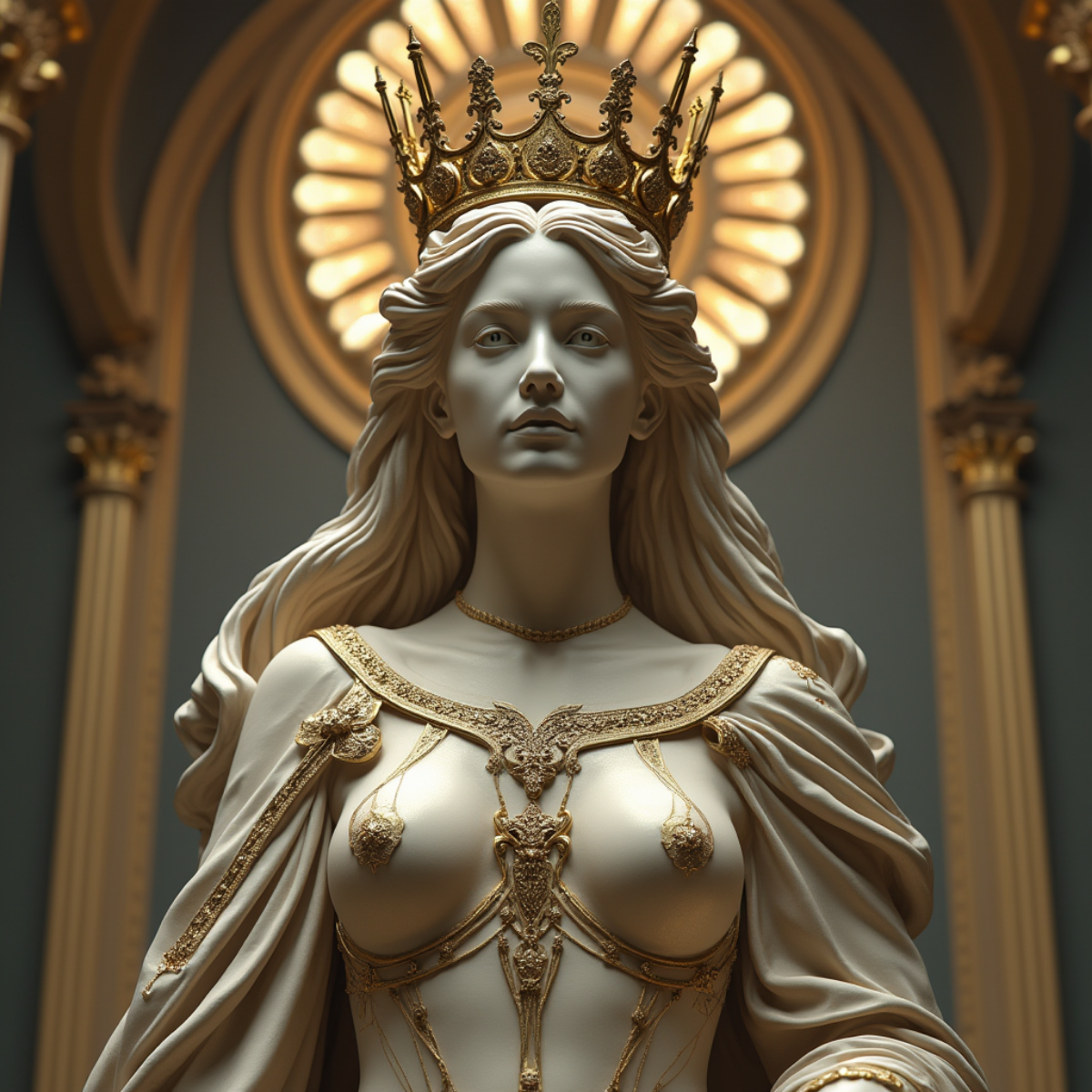 Промт:
a statue of a woman with a crown on her head, digital art, inspired by Hedi Xandt, gothic art, artem demura beeple, detailed cover artwork, cathedral of sun, baroque marble and gold in space, a... | Сетка — социальная сеть от hh.ru