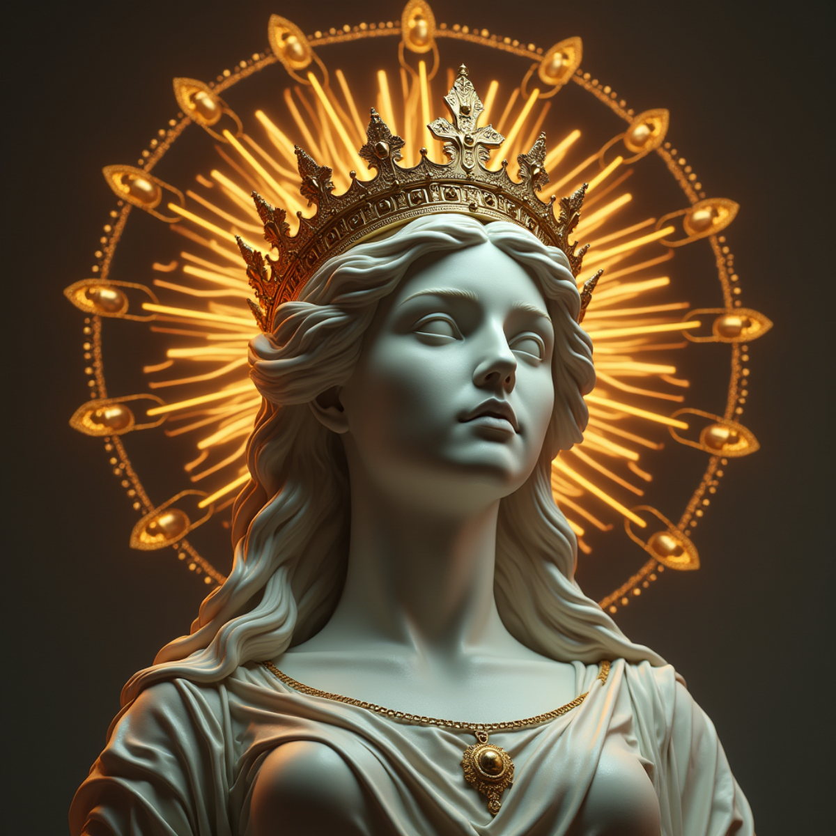 Промт:
a statue of a woman with a crown on her head, digital art, inspired by Hedi Xandt, gothic art, artem demura beeple, detailed cover artwork, cathedral of sun, baroque marble and gold in space, a... | Сетка — социальная сеть от hh.ru