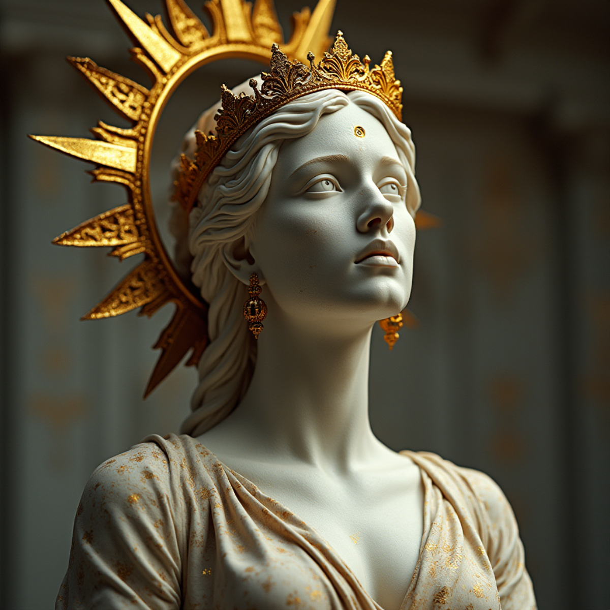 Промт:
a statue of a woman with a crown on her head, digital art, inspired by Hedi Xandt, gothic art, artem demura beeple, detailed cover artwork, cathedral of sun, baroque marble and gold in space, a... | Сетка — социальная сеть от hh.ru