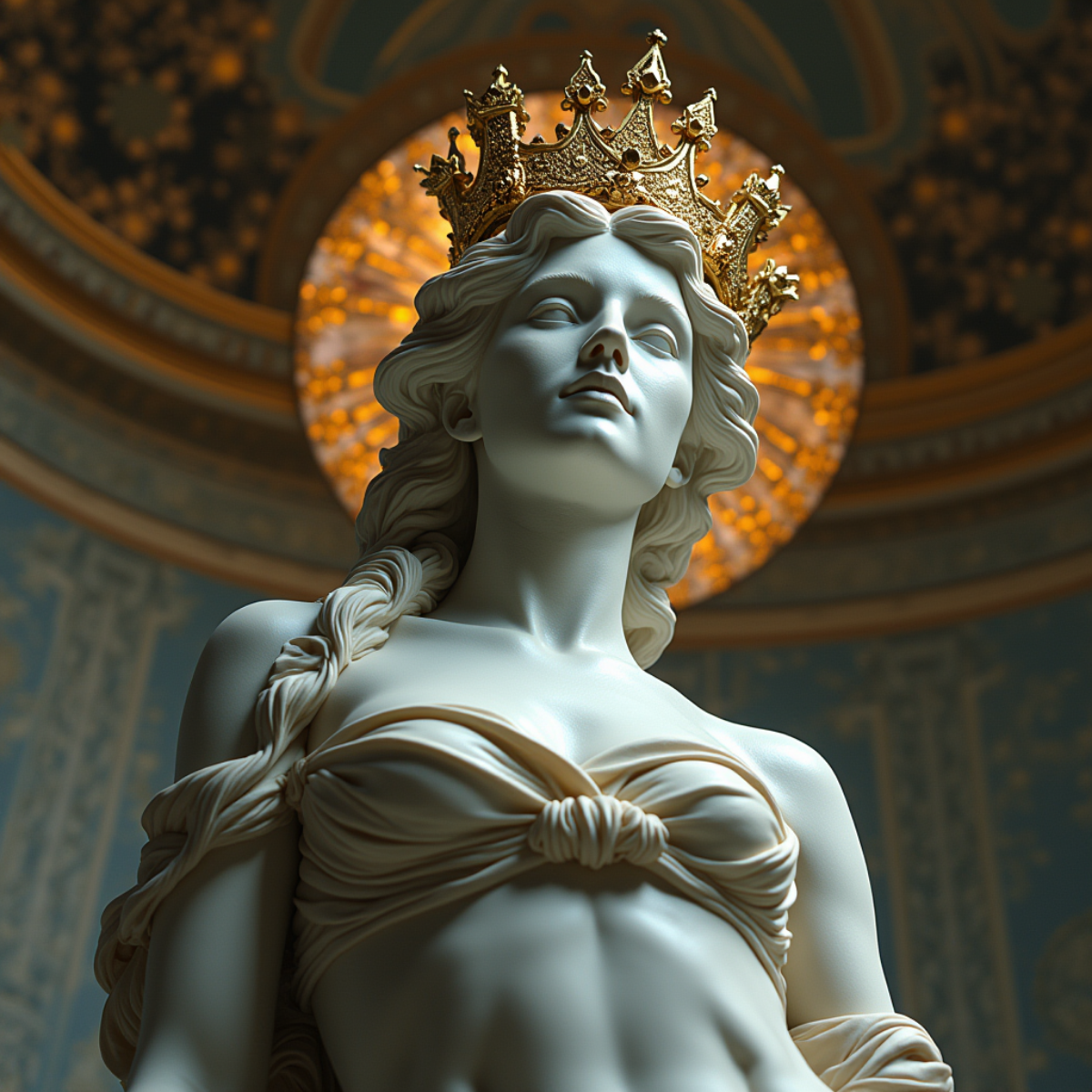 Промт:
a statue of a woman with a crown on her head, digital art, inspired by Hedi Xandt, gothic art, artem demura beeple, detailed cover artwork, cathedral of sun, baroque marble and gold in space, a... | Сетка — социальная сеть от hh.ru