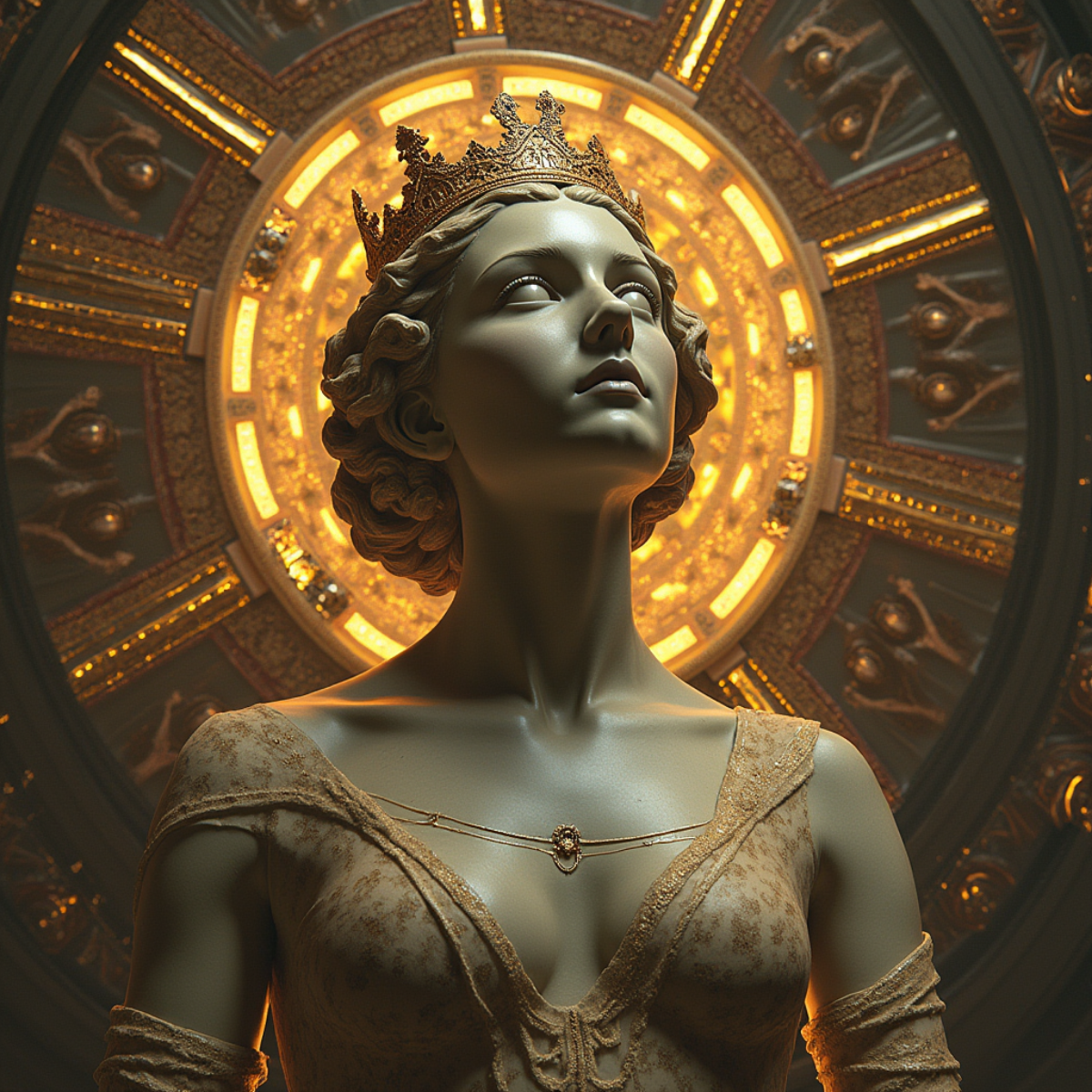 Промт:
a statue of a woman with a crown on her head, digital art, inspired by Hedi Xandt, gothic art, artem demura beeple, detailed cover artwork, cathedral of sun, baroque marble and gold in space, a... | Сетка — социальная сеть от hh.ru