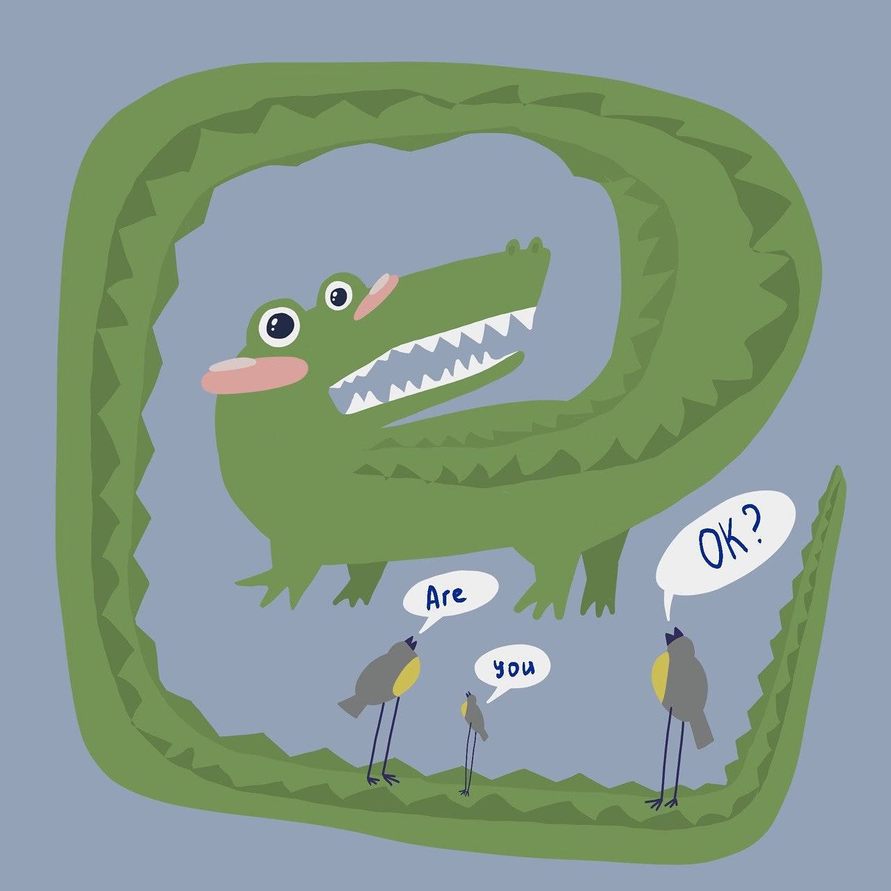 Недавно в инсте разблокировала нового персонажа⤴️
🐊 Nervous crocodile
Я нарисовала его ГОД НАЗАД, но до недавнего времени не могла придумать, что все-таки говорят ему птицы | Сетка — социальная сеть от hh.ru