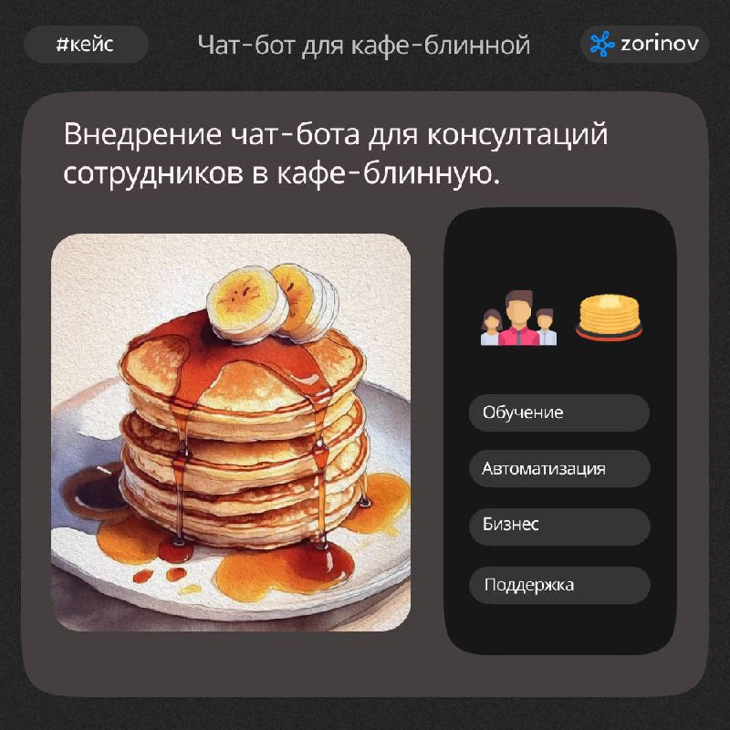 #кейс
Внедрение чат-бота для кафе-блинной.
Проблема:
Сеть кафе столкнулась с проблемой большого количества внутренних вопросов от сотрудников и франчайзи | Сетка — социальная сеть от hh.ru