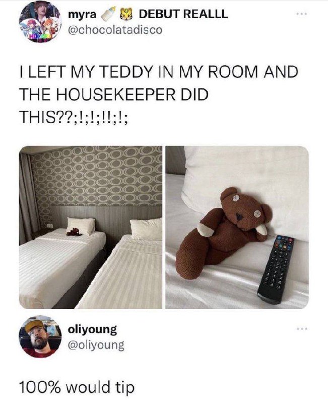 — Оставила своего мишку в комнате отеля, и хаускипинг сделал вот это!
— чаевые хаускипингу! | Сетка — социальная сеть от hh.ru