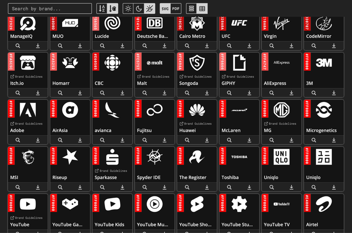Simple Icons — огромная библиотека иконок с логотипами популярных брендов, платформ, программ и сервисов
Есть сортировка и поиск по названию. Можно скачивать в SVG и PDF
https://simpleicons | Сетка — социальная сеть от hh.ru