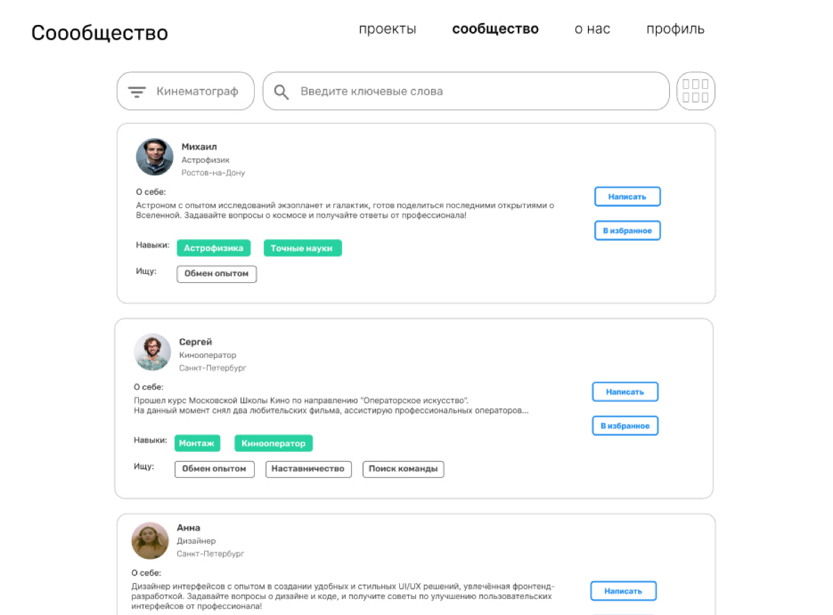 Практически все направления будут представлены в финальной версии, от Кинематографа до Точных наук. Пользователи будут находить друг друга по фильтру и указывать желаемый метод сотрудничества | Сетка — социальная сеть от hh.ru