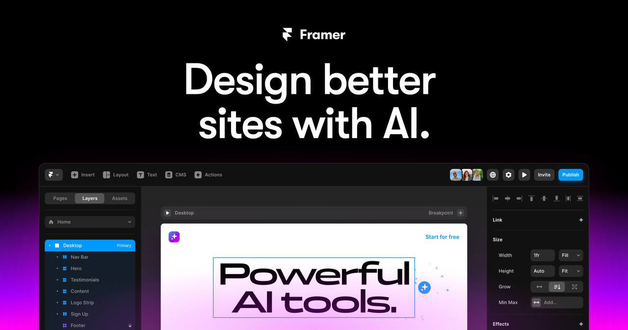 🔗 Framer AI — нейросервис для разработки дизайна.
➡️ С помощью можно подготовить шаблон для будущего дизайна или сгенерировать простой макет для своего некоммерческого сайта | Сетка — социальная сеть от hh.ru