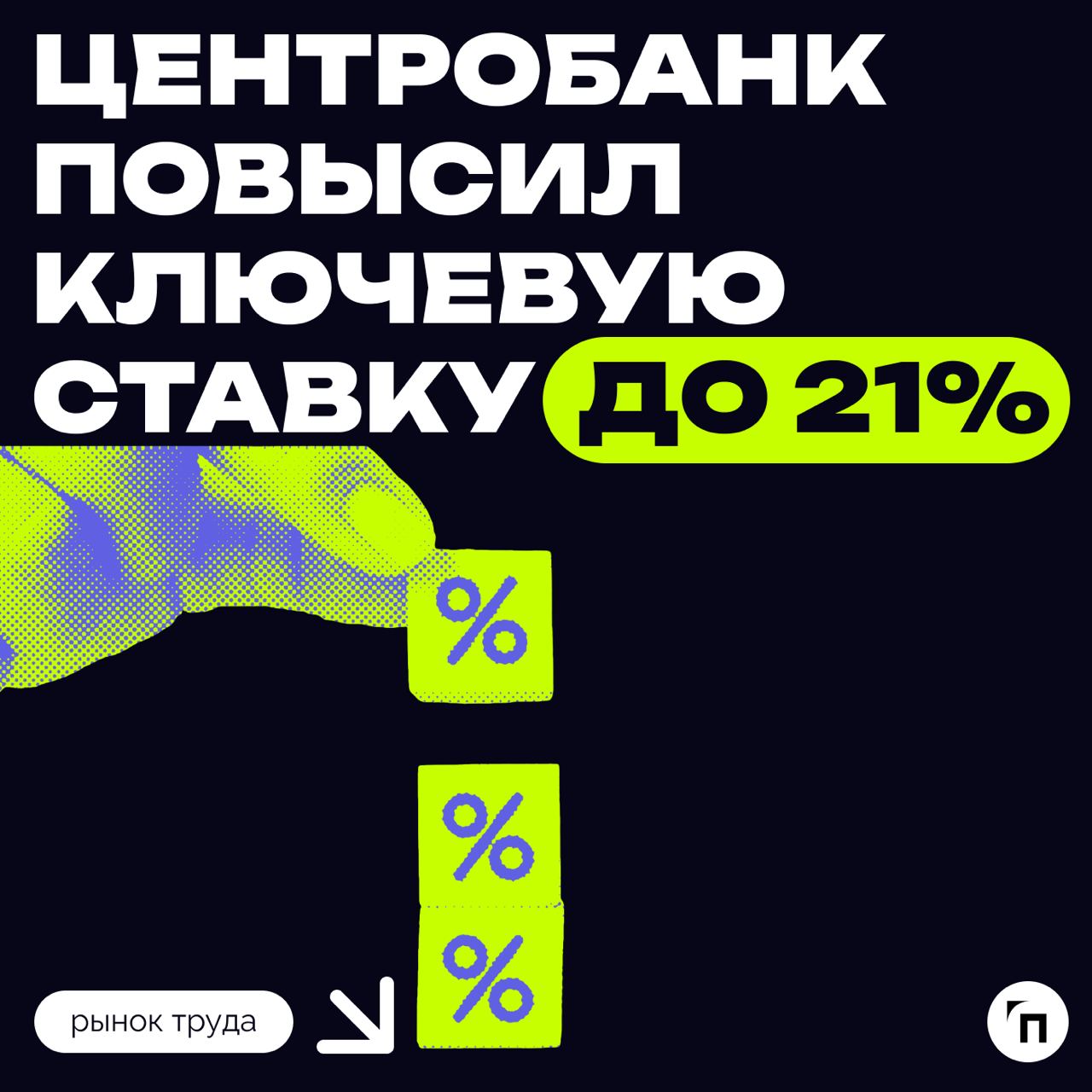 Центробанк повысил ключевую ставку до 21%
Это решение было принято в связи с ускорением инфляции, которое превысило июльские прогнозы | Сетка — социальная сеть от hh.ru