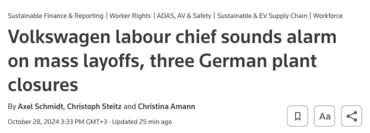 Volkswagen закрывает заводы, сокращает зарплаты, готовится к смерти  
Говорят, конкуренты давят ценой.  
Вот так вышло — они боялись Теслы, а уничтожили их дешевые китайцы | Сетка — социальная сеть от hh.ru