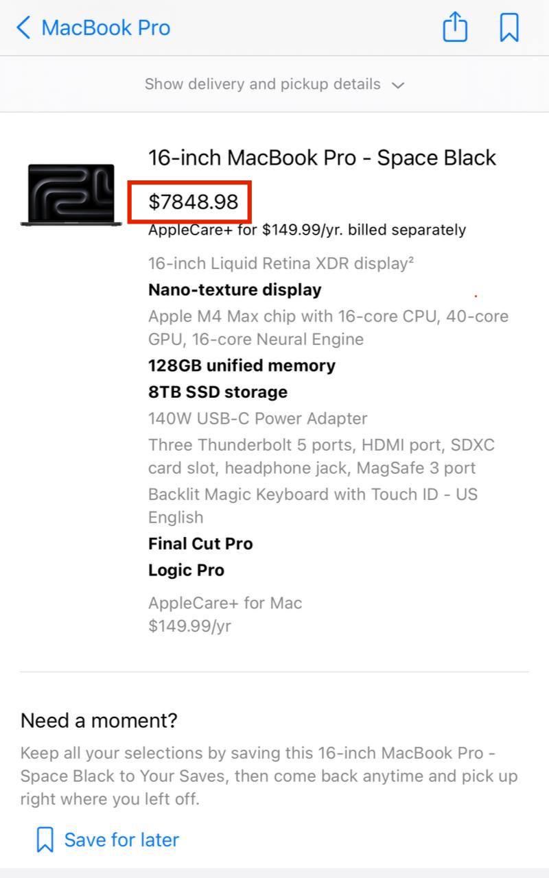 Только что представленный MacBook Pro на новом чипе M4 Max в максимальной комплектации со всеми допами стоит, пристегнитесь, почти $8000. По текущему курсу сейчас это 780 тысяч рублей | Сетка — социальная сеть от hh.ru