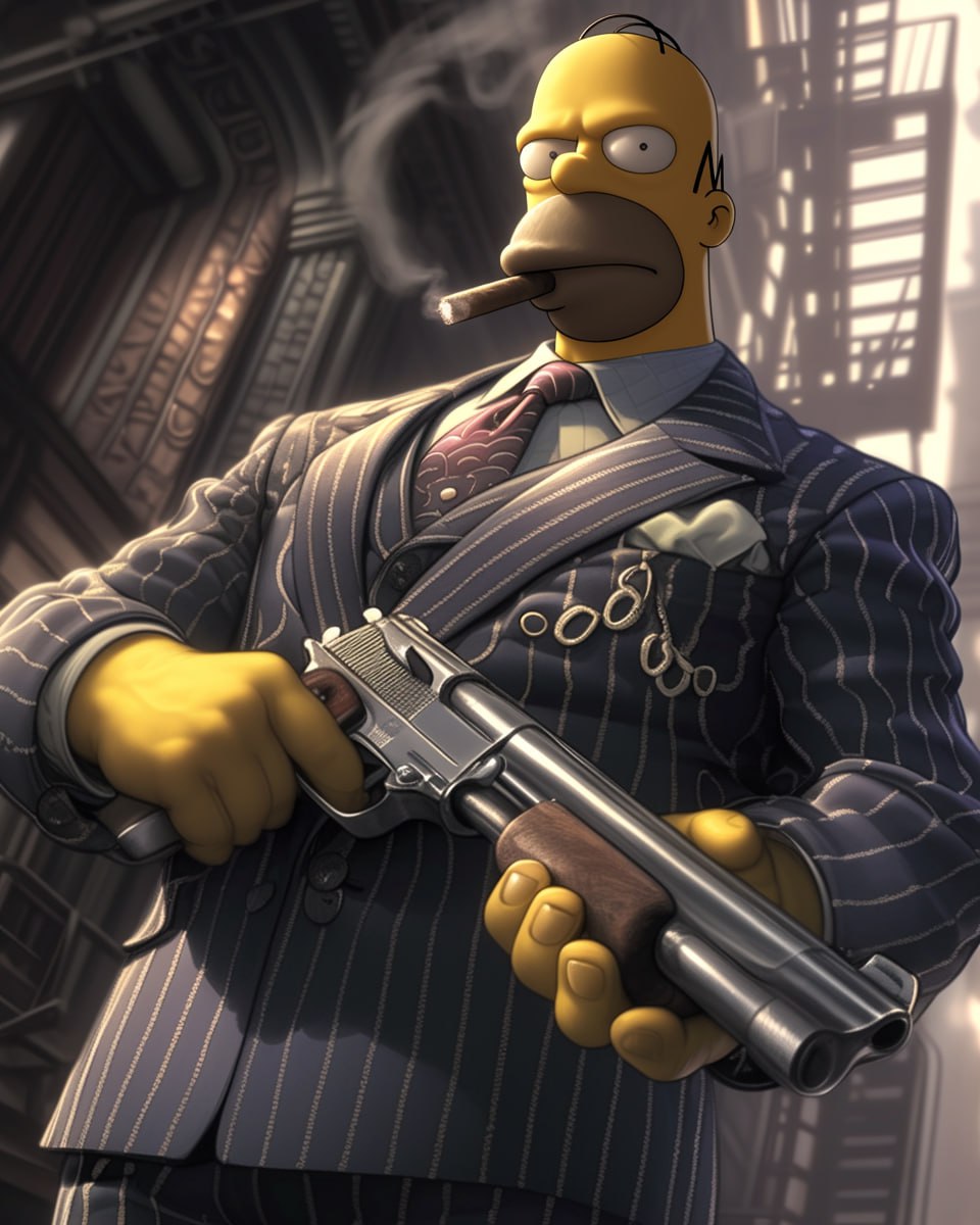 👁Универсальный мультяшный 30-х годов👁
Prompt: Home Dressed in a Gucci suit, looking like a gangster, 1930's style, Mafia gangster [ваш герой], tommy gun, looking cool, NYC scenery,Я:R
Model:MJ | Сетка — социальная сеть от hh.ru