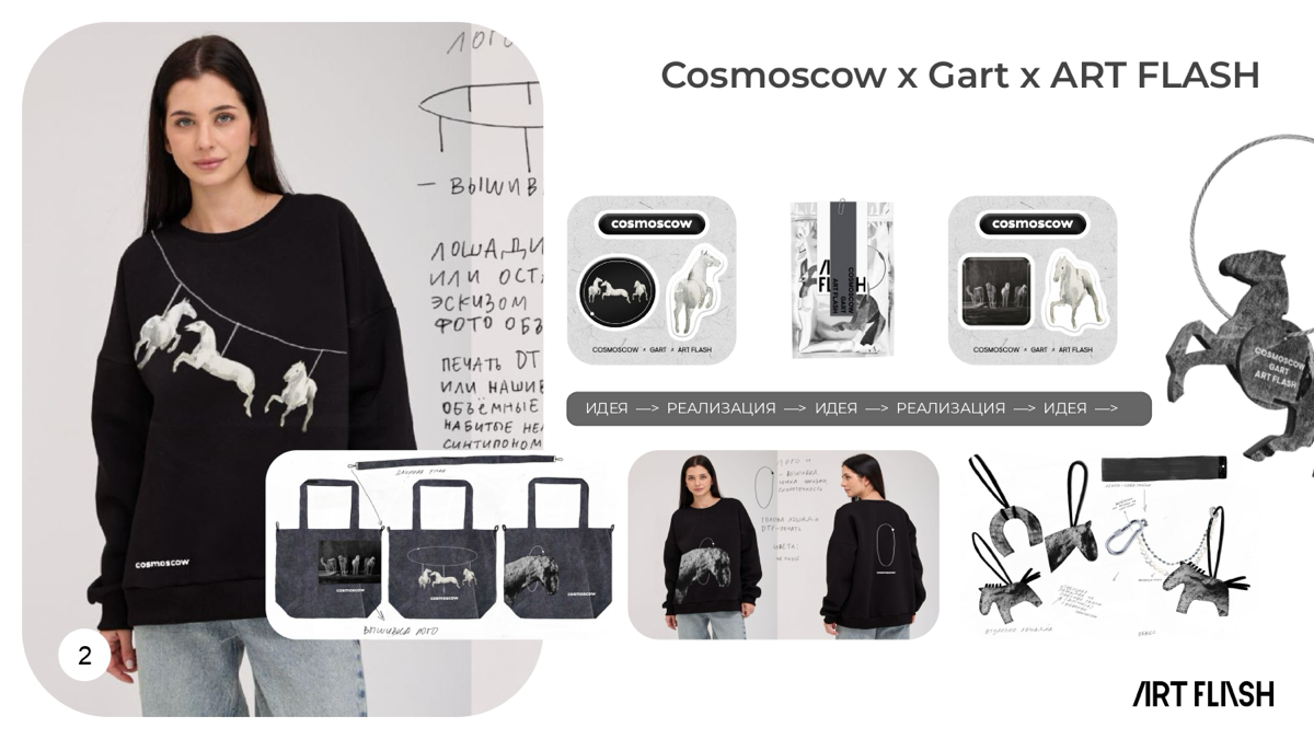 Cosmoscow x Gart x ART FLASH
Коллекция создана и приурочена к ярмарке Cosmoscow. В основе коллекции уже второй год лежат работы художника года по версии Cosmoscow | Сетка — социальная сеть от hh.ru