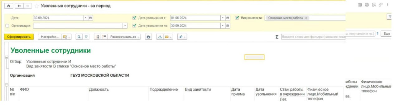 Вот так выглядит готовый отчет "Уволенные сотрудники (за период)", с использованием моих готовых настроек для 1С | Сетка — социальная сеть от hh.ru