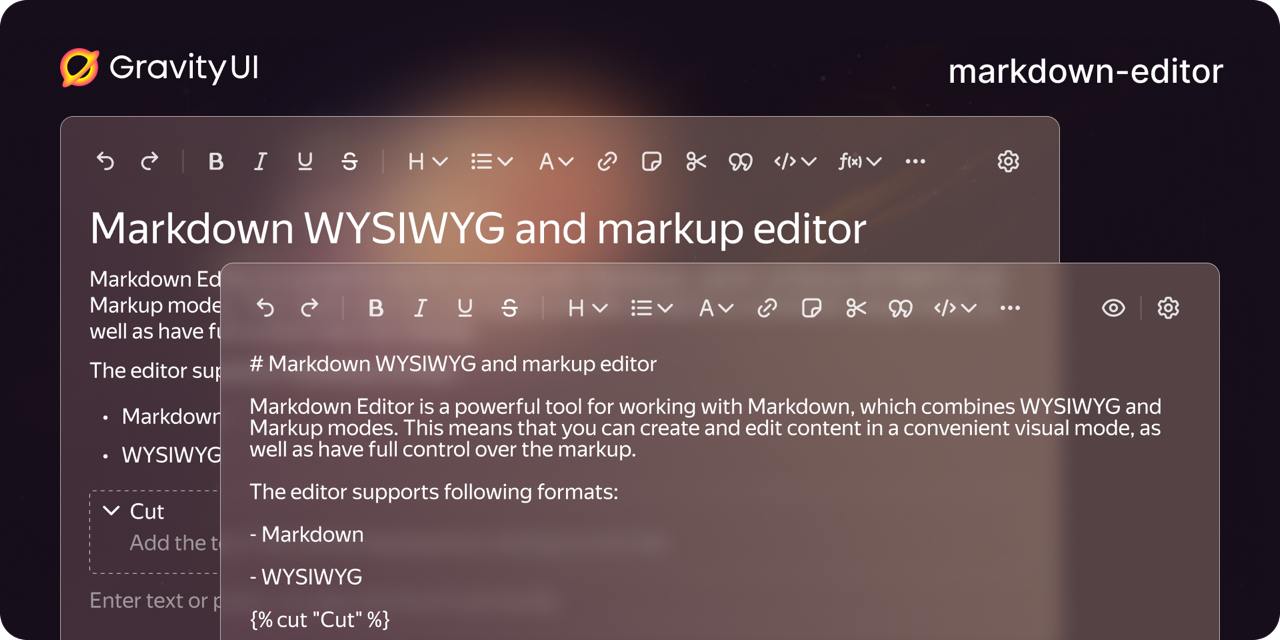 Markdown Editor
Как часто мы в браузере используем WYSIWYG редакторы? Да постоянно. Тикеты, wiki, комментарии и посты... эх.
Тут задумался, как удобно мне в наших продуктах | Сетка — социальная сеть от hh.ru