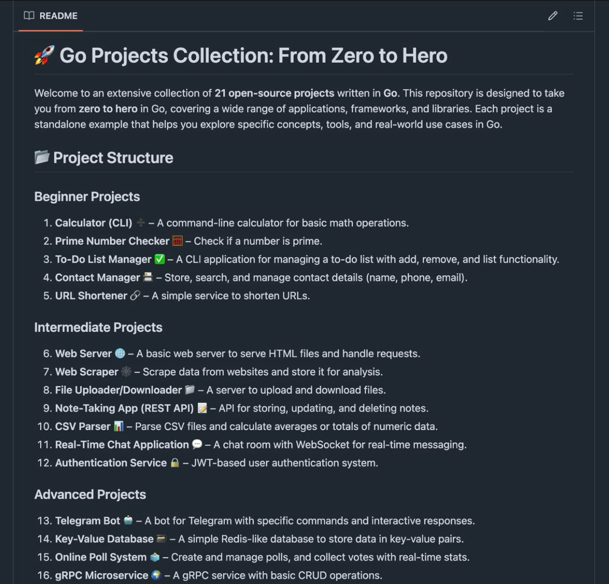 🚀 ☀️ От новичка до эксперта в Go (БЕСПЛАТНО и БЫСТРО)! 😍  
Я рад поделиться своей коллекцией из 21 проекта на Go на GitHub, созданной, чтобы провести вас от нуля до профессионала в программировании на... | Сетка — социальная сеть от hh.ru