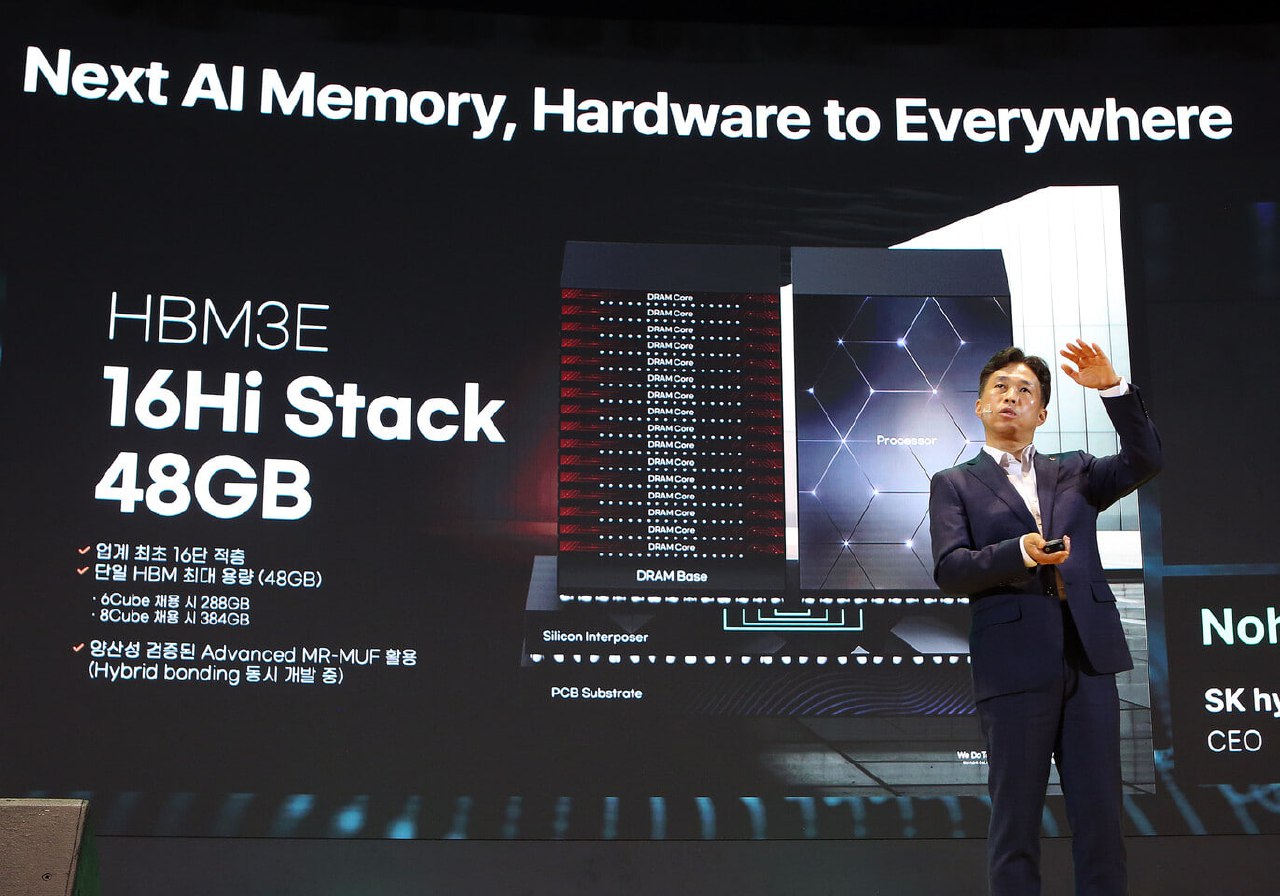 SK hynix представила первые 16-слойные чипы памяти HBM3E на 48 Гбайт
На SK AI Summit в Сеуле компания SK hynix анонсировала 16-ярусные чипы HBM3E ёмкостью 48 Гбайт | Сетка — социальная сеть от hh.ru