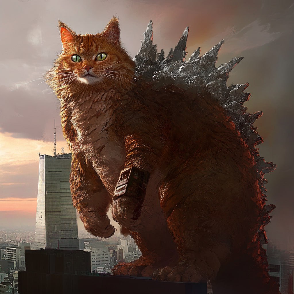 👻CATZILLA👻
Prompt:Create a hybrid character combining a ginger cat and Godzilla | Сетка — социальная сеть от hh.ru
