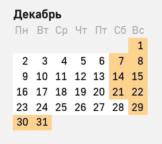 🗓 Нас ждет еще одна шестидневная рабочая неделя в конце года
С 23 по 28 декабря будет рабочая неделя
Выходной с субботы (28 декабря) перенесли на понедельник (30 декабря) | Сетка — социальная сеть от hh.ru