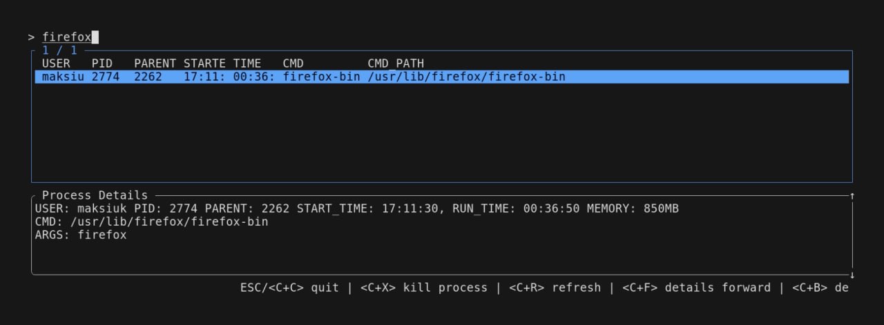 Process Interactive Kill is a command line tool that helps to find and kill process. It works like pkill command but search is interactive.
https://github.com/jacek-kurlit/pik | Сетка — социальная сеть от hh.ru
