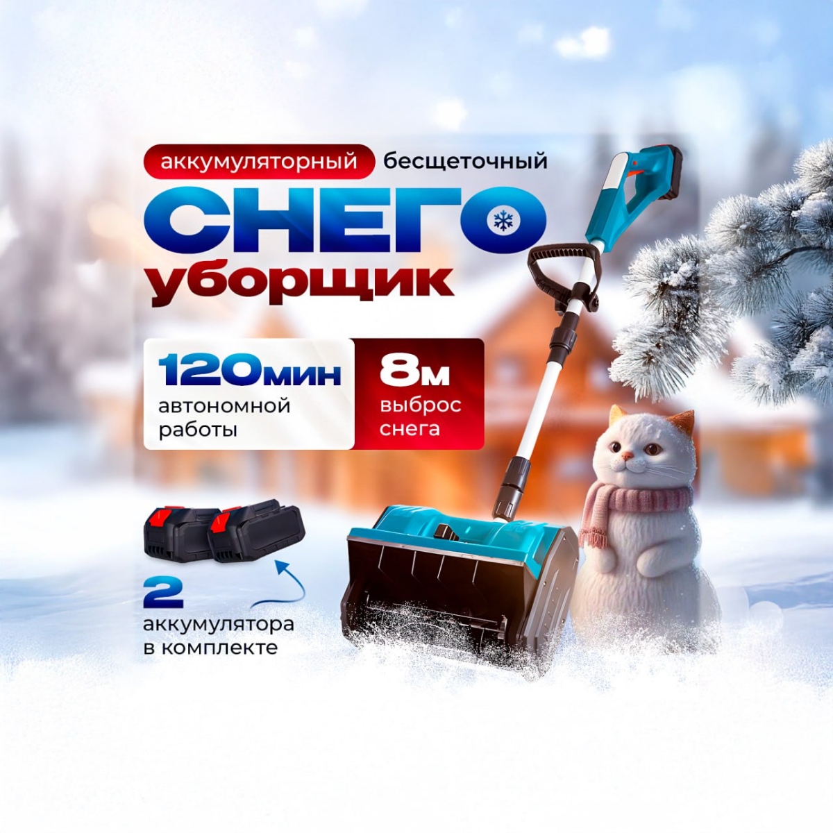 Создала обложку для товара "Снегоуборщик"  Основные акценты – 120 минут автономной работы ⏱️, выброс снега до 8 метров 🌬 и наличие двух аккумуляторов в комплекте 🔋🔋 | Сетка — социальная сеть от hh.ru