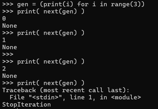 обсуждали тут генераторы и итераторы в python. кажется я придумал неплохой пример для самопроверки понимания этих тем. попробуйте объяснить уточке почему это ведёт себя так :) | Сетка — социальная сеть от hh.ru