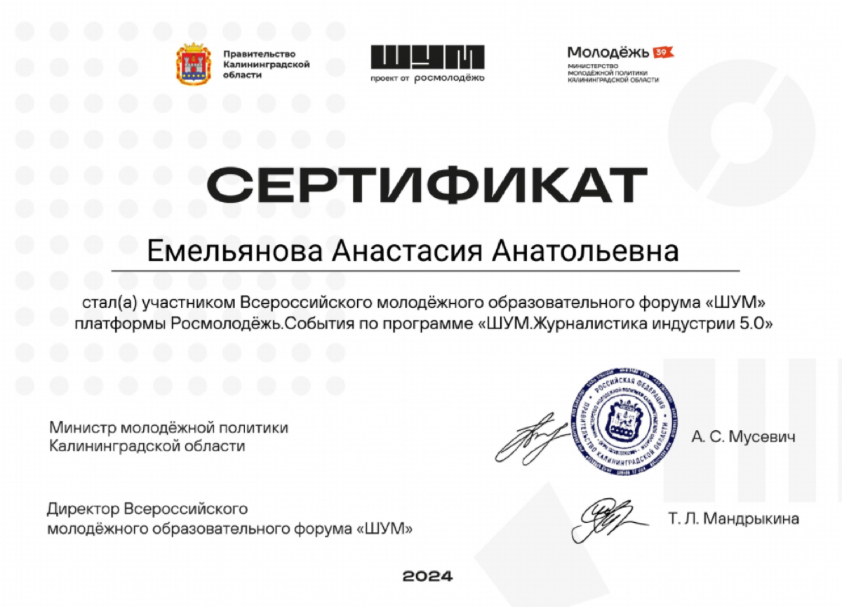 Благодарность из Калининграда с международного журналистского форума ШУМ прислали | Сетка — социальная сеть от hh.ru