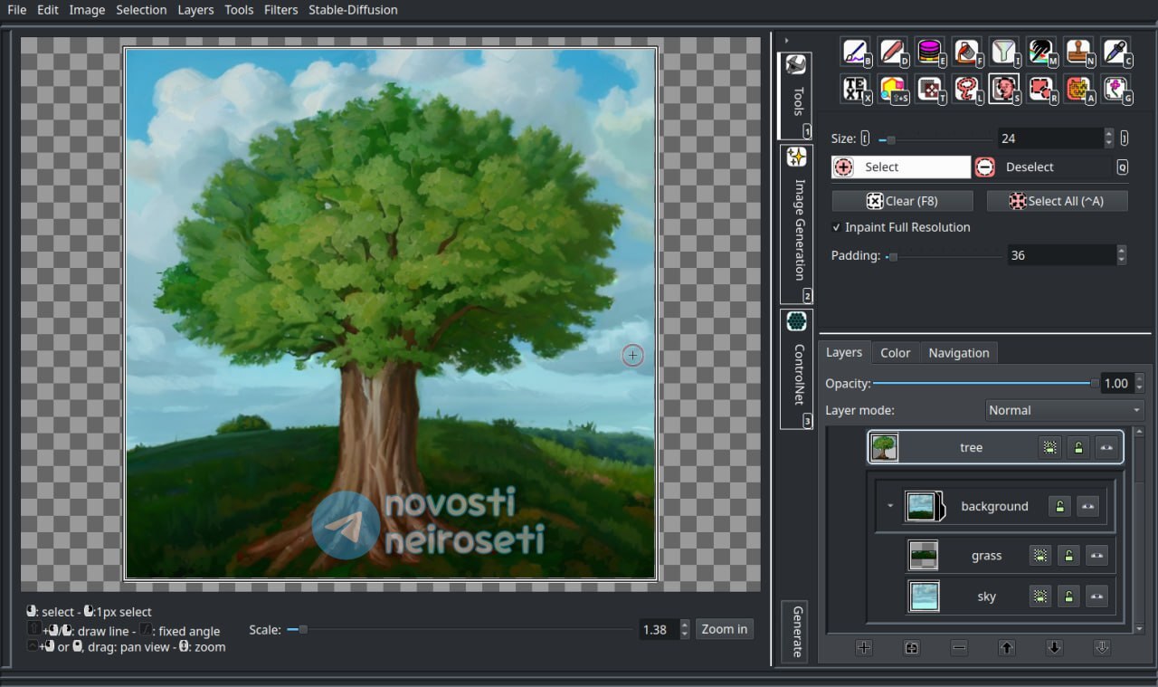 IntraPaint  
Редактор картинок на базе Forge/A1111 (запускать с ключом --api). В будущем - и на ComfyUI  
Гитхаб
Видео
psy-trip | Сетка — социальная сеть от hh.ru