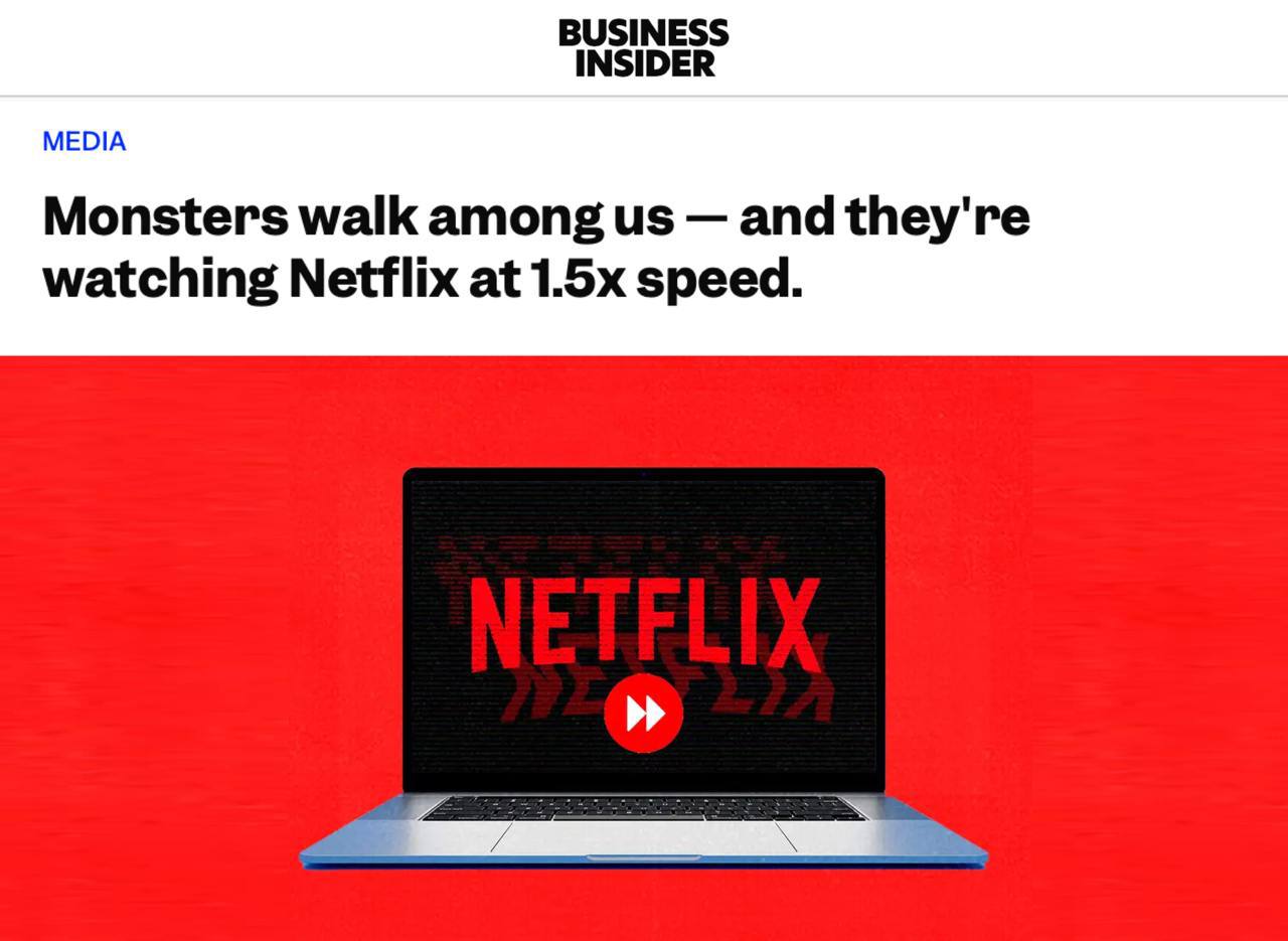 Зумеры смотрят #Netflix на скорости 1.5х 🤯
Якобы потому что у них клиповое мышление из-за соцсетей…
Ха. Ха. Ха | Сетка — социальная сеть от hh.ru