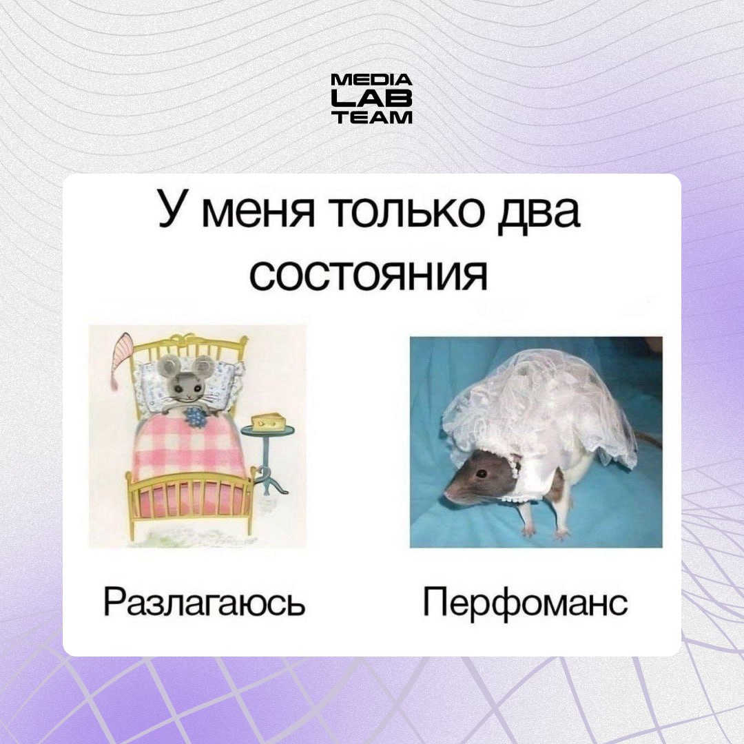 Какое у вас состояние сегодня, коллеги?
🌚 — разлагаюсь
🤩 — перфоманс
@medialabteam 🤍 | Сетка — социальная сеть от hh.ru