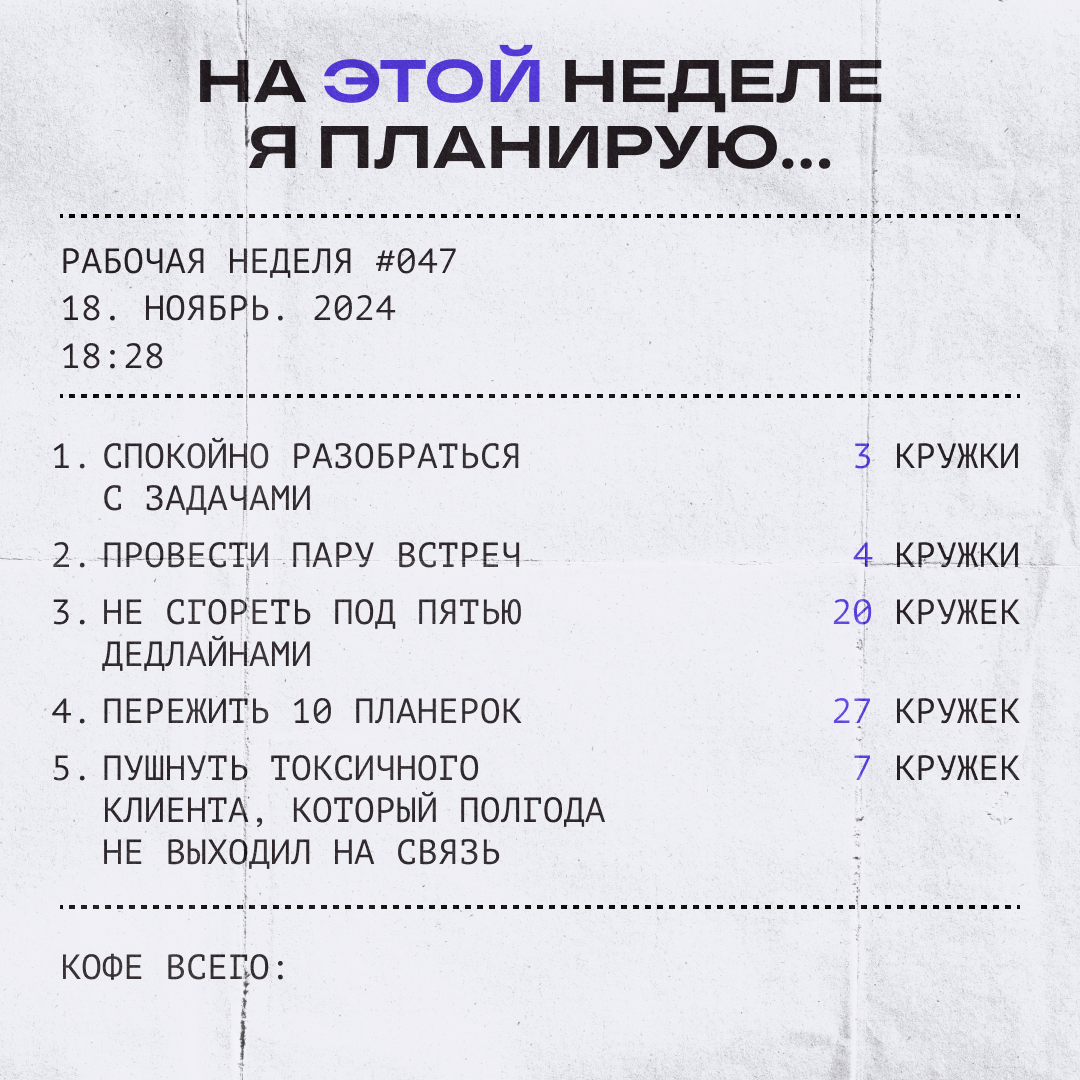 Скажите, что в планах, — и мы ответим, сколько кофе надо! | Сетка — социальная сеть от hh.ru