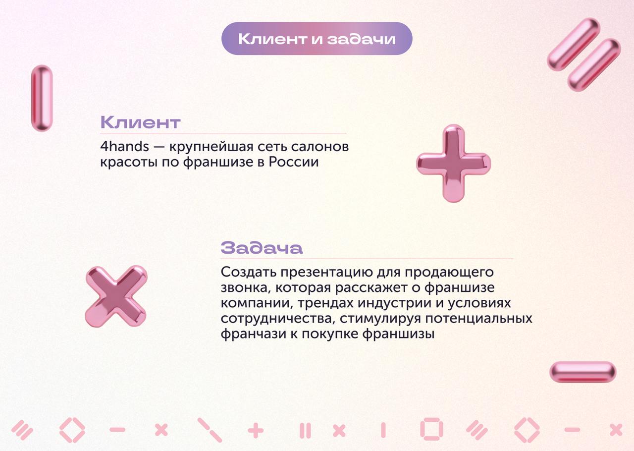 Как сделать презентацию, которая не просто расскажет, а продаст?
Мы помогли крупнейшей франшизе 4hands, в которой более 200 салонов красоты, создать презентацию для франчайзи | Сетка — социальная сеть от hh.ru